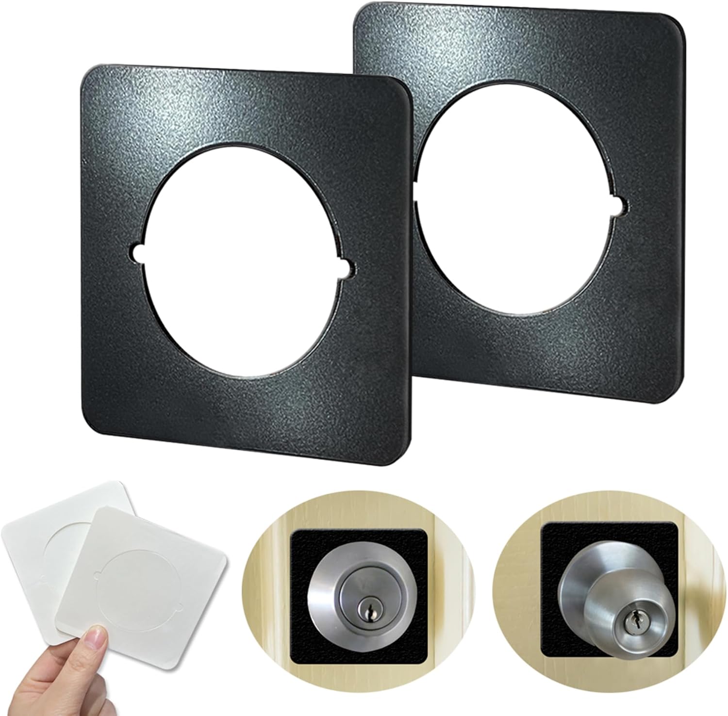 2 Pcs Square Door Knob Plate, Stainless Steel Door Reinforcement Plate, Scar Cover Backplate for Loose Door Knob & Deadbolt Repair, Door Handle Fixing Filler Plate for Damaged Door Area (Black)
