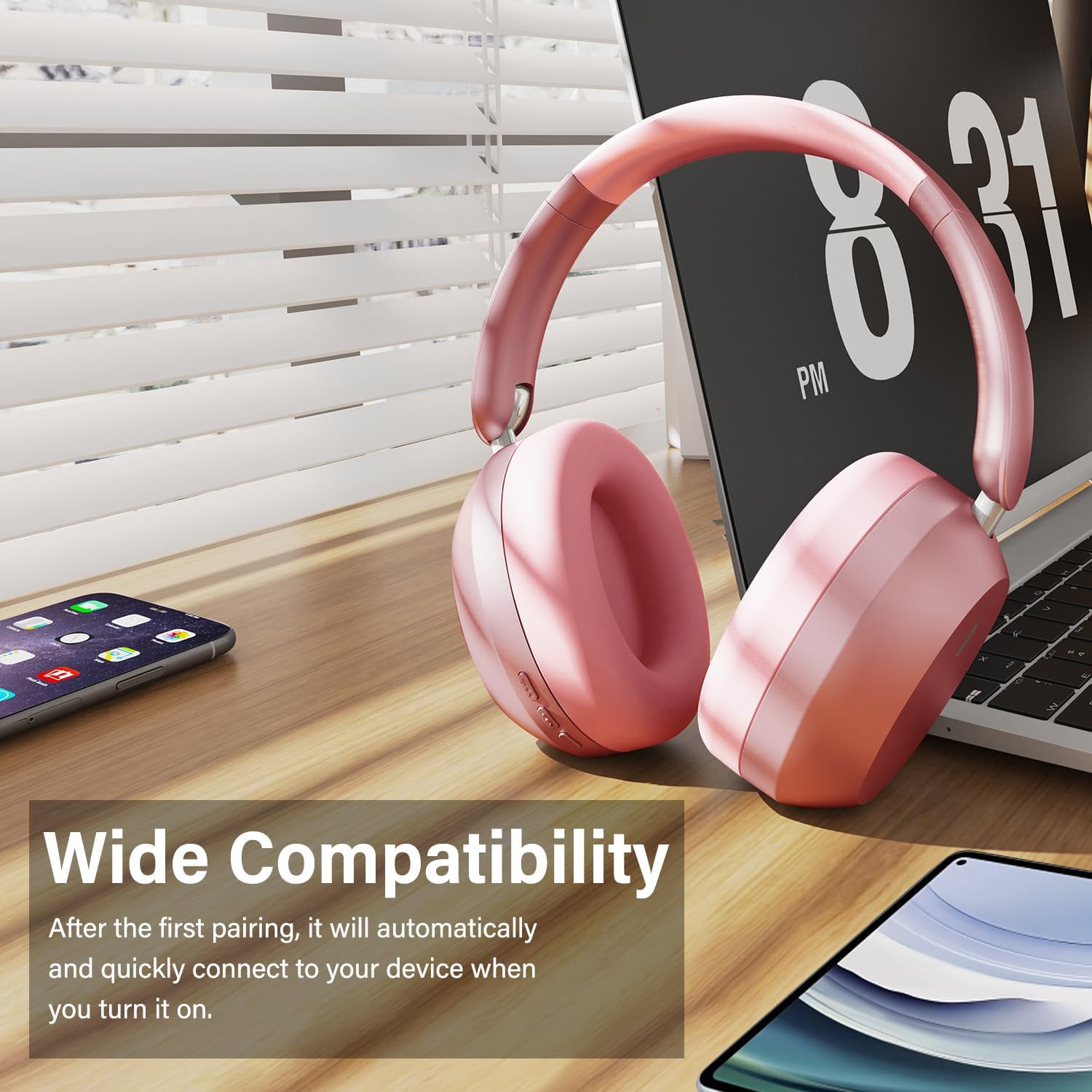 Wentronic Y05 headphones connected to multiple devices, demonstrating wide compatibility.