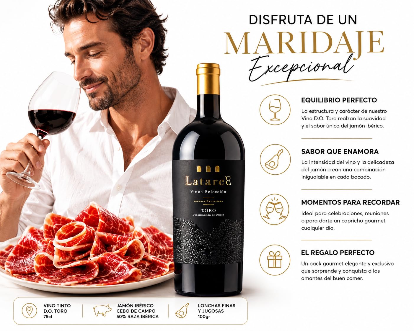 Latarce | Pack Regalo Gourmet Vino Tinto + Jamón Ibérico | Selección D.O. Toro 75cl + Ibérico Cebo Campo 50% 100gr | Caja Madera | Ideal para Regalar
