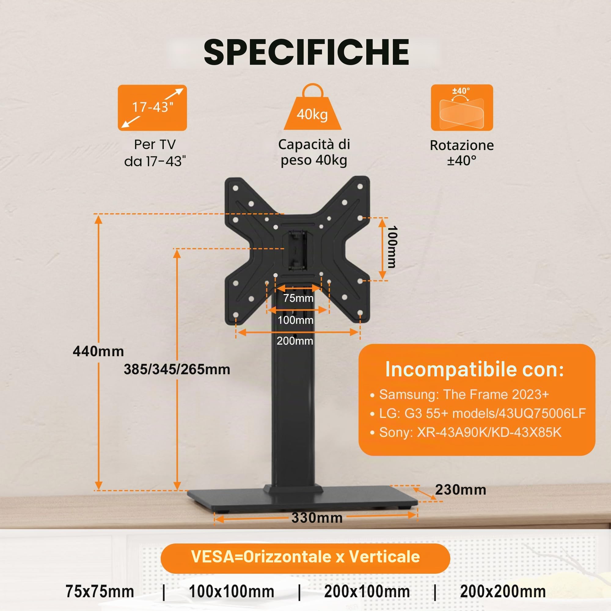XINLEI Supporto Girevole per TV da Tavolo, Universale per 17-43 Pollici, Altezza Regolabile 265-385mm, Portata 45kg, VESA Max 200x200, Installazione Senza Forature