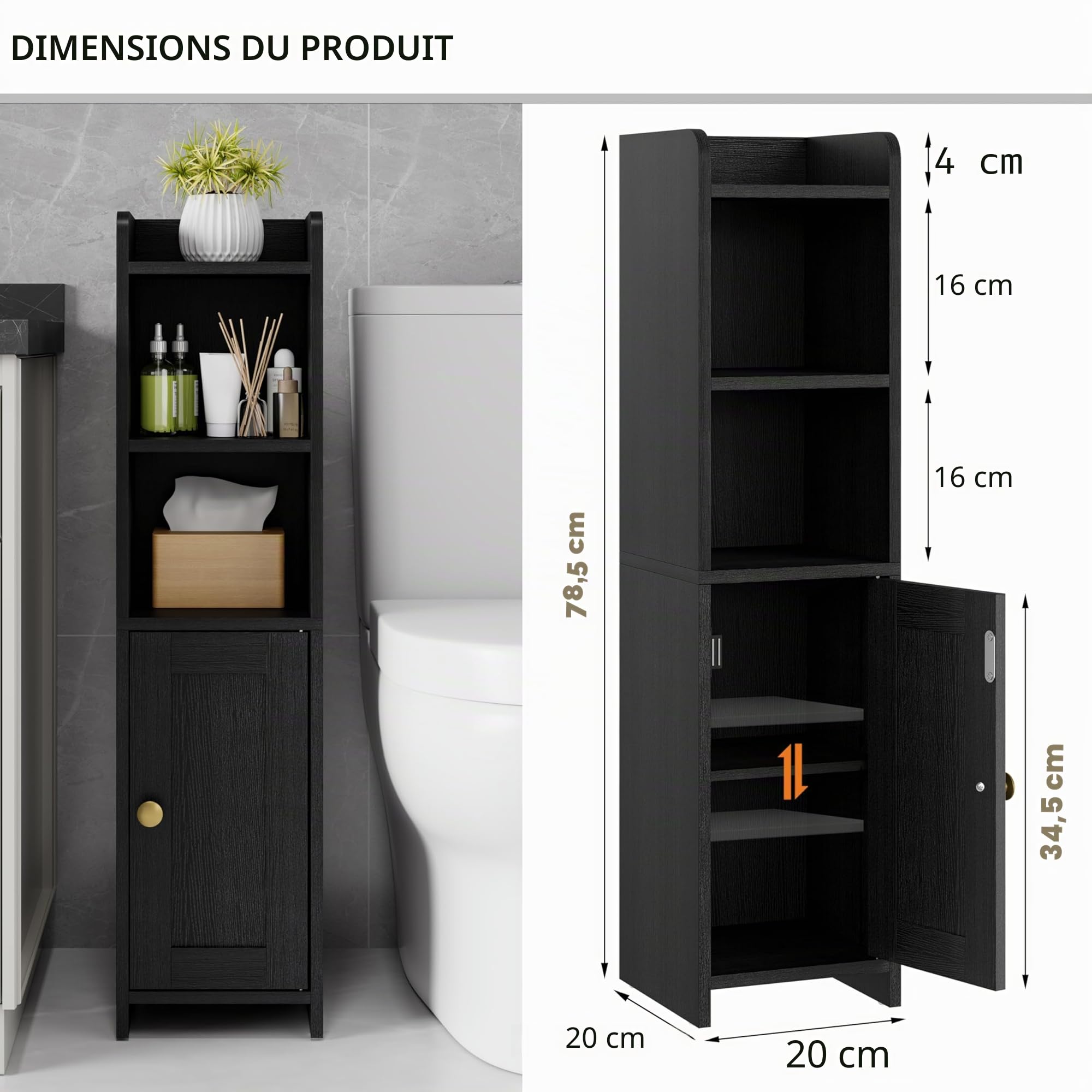 RRX Petite armoire de rangement pour salle de bain, organiseur de salle de bain autonome pour petits espaces, sol d'angle étroit avec porte et étagères, noir