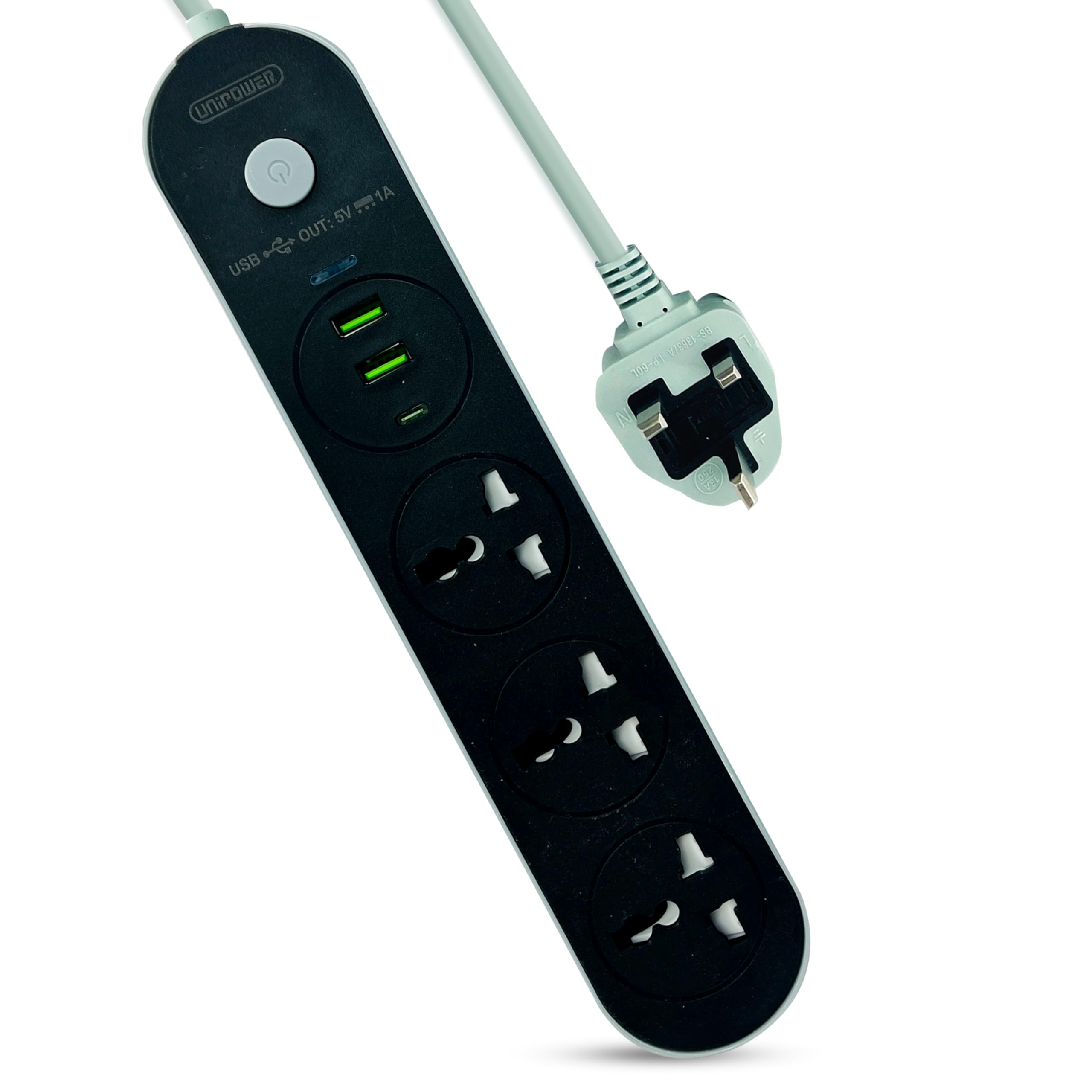 UNIPOWER 6 IN 1 Power Strip Extension Cord with 6 Outlets, 3 Universal Plug Adapters, 2 USB Ports, 1 Type C, Overload Protector and 3M Bold Extension Cord (Black) with Switch