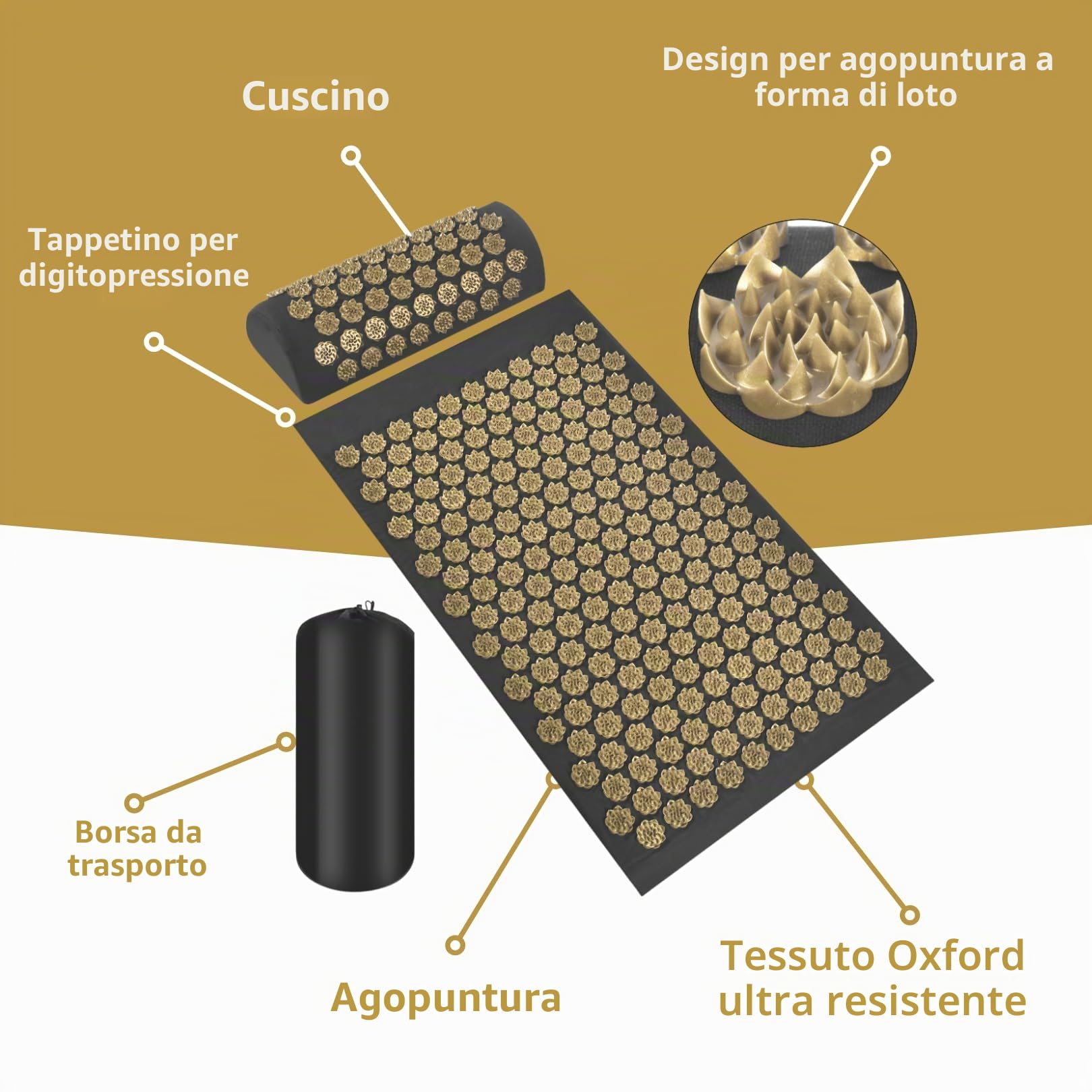Set di tappetini e cuscini per agopressione nero e oro, per agopressione di alta qualità, per rilassamento naturale e sollievo dal dolore