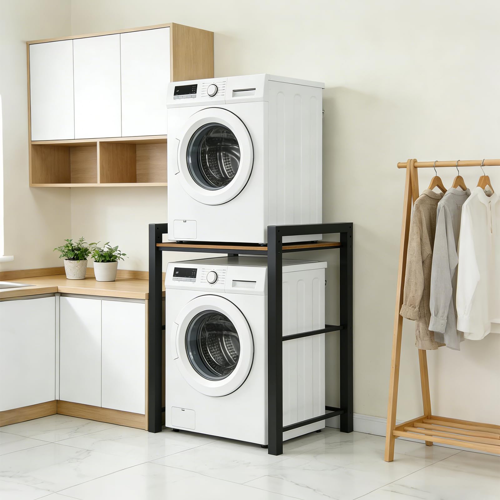 Meuble Machine à Laver, Hauteur sur 3 Positions, Etagere Machine a Laver et Seche Linge, Charge de 350kg, pour Buanderie Salon Salle De Bain, 75 x 65 x 104 cm (Noir)