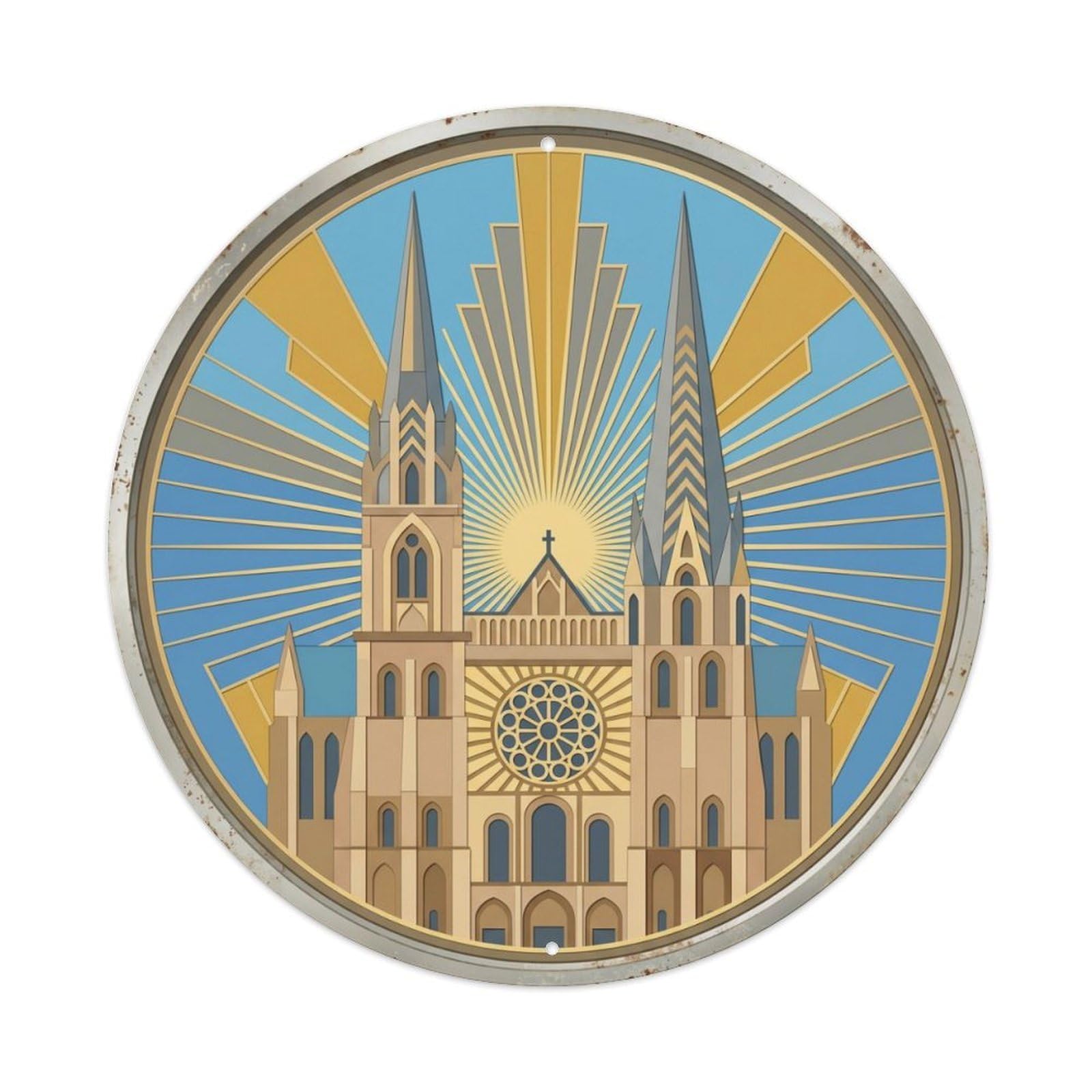 Chartres Radiant Cathedral Travel Metal Tin Sign Plaque Wall Decor for Cafe, Club Bar, Office, Home Garden Round Metal Poster 8x8Inch