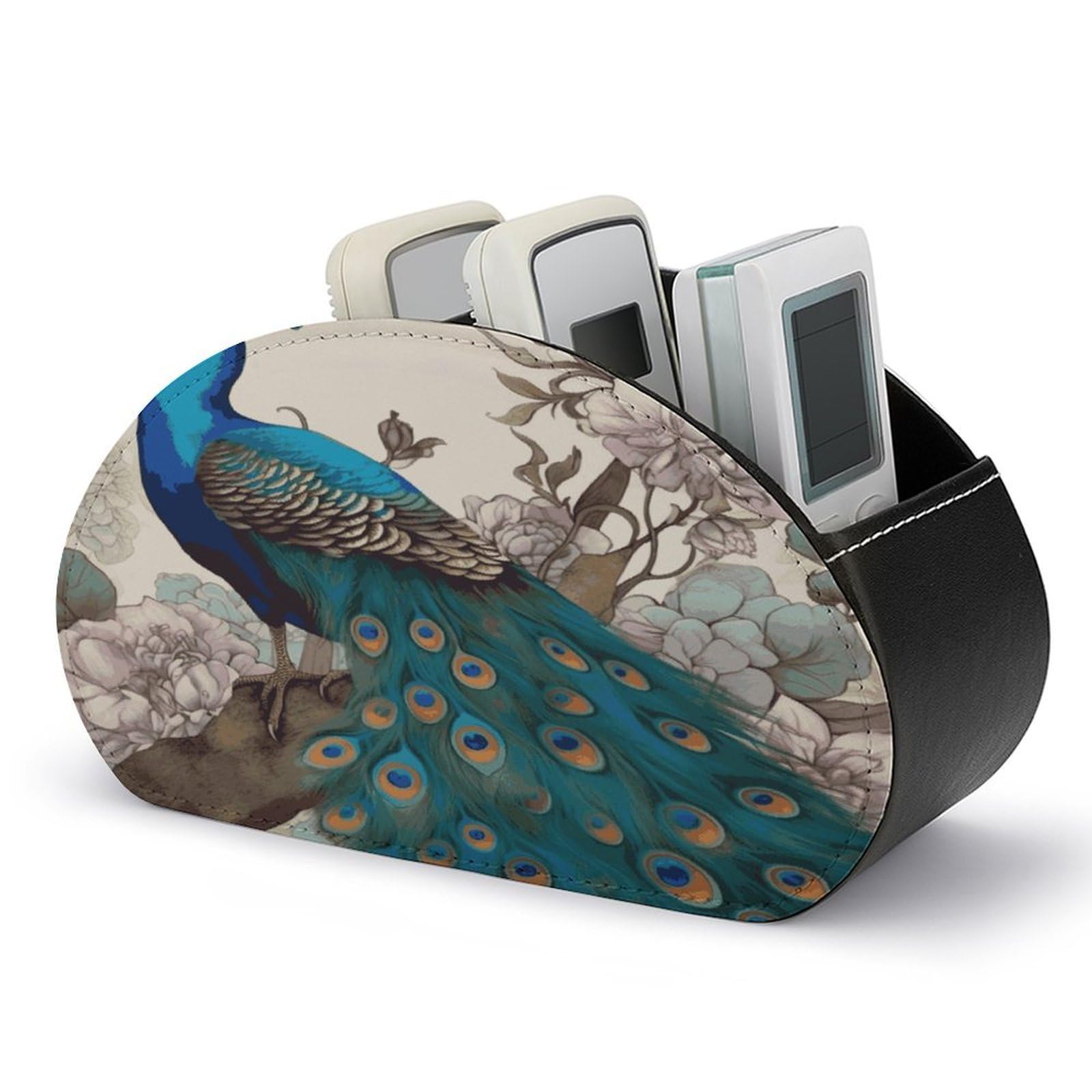 FekiLoot Peacock Floral Remote Control Holder with 5 Compartments Remote Organizer Caddy for Table TV Remote Caddy Storage Box/Tray Fits Media Controllers Office Supplies