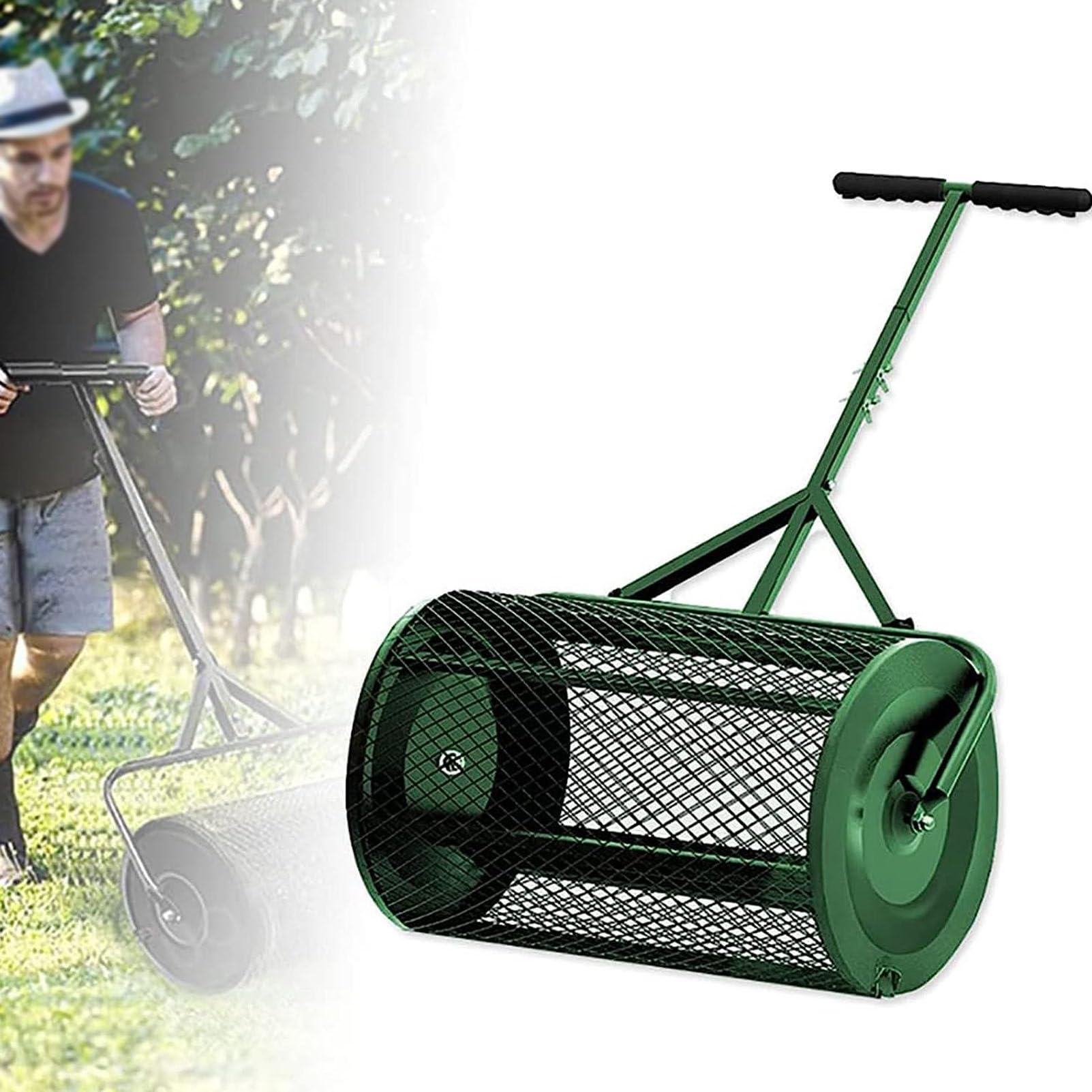 24" Kompoststreuer, Torfmoosstreuer mit verstellbarem T-förmigem Griff, Streukorb aus Stahl-Metallgeflecht, Kompost, Torfmoos, Mutterboden, Aussaat, Mehrzweck-Miststreuerwalze
