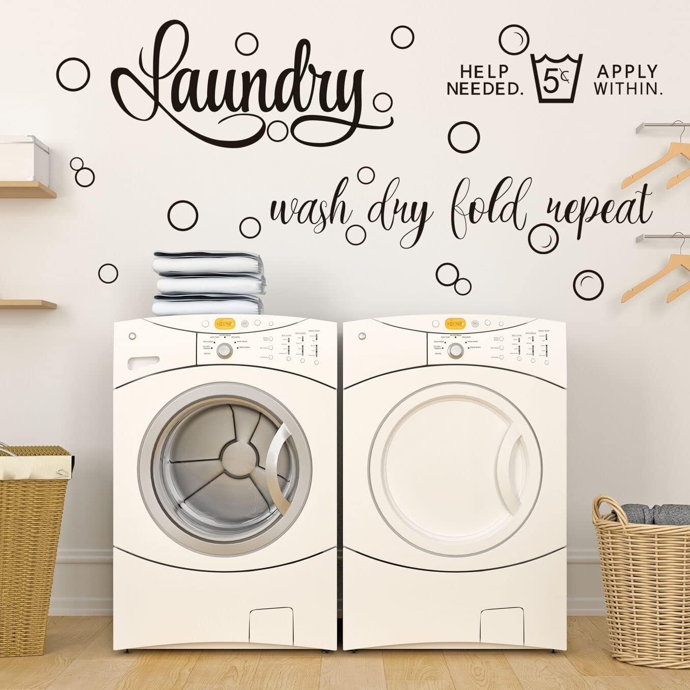 Runtoo Laundry Room Wall Decals [Large] Wash Dry Fold Repeat Quotes Art Signs Stickers Washing Bathroom Wall Decor