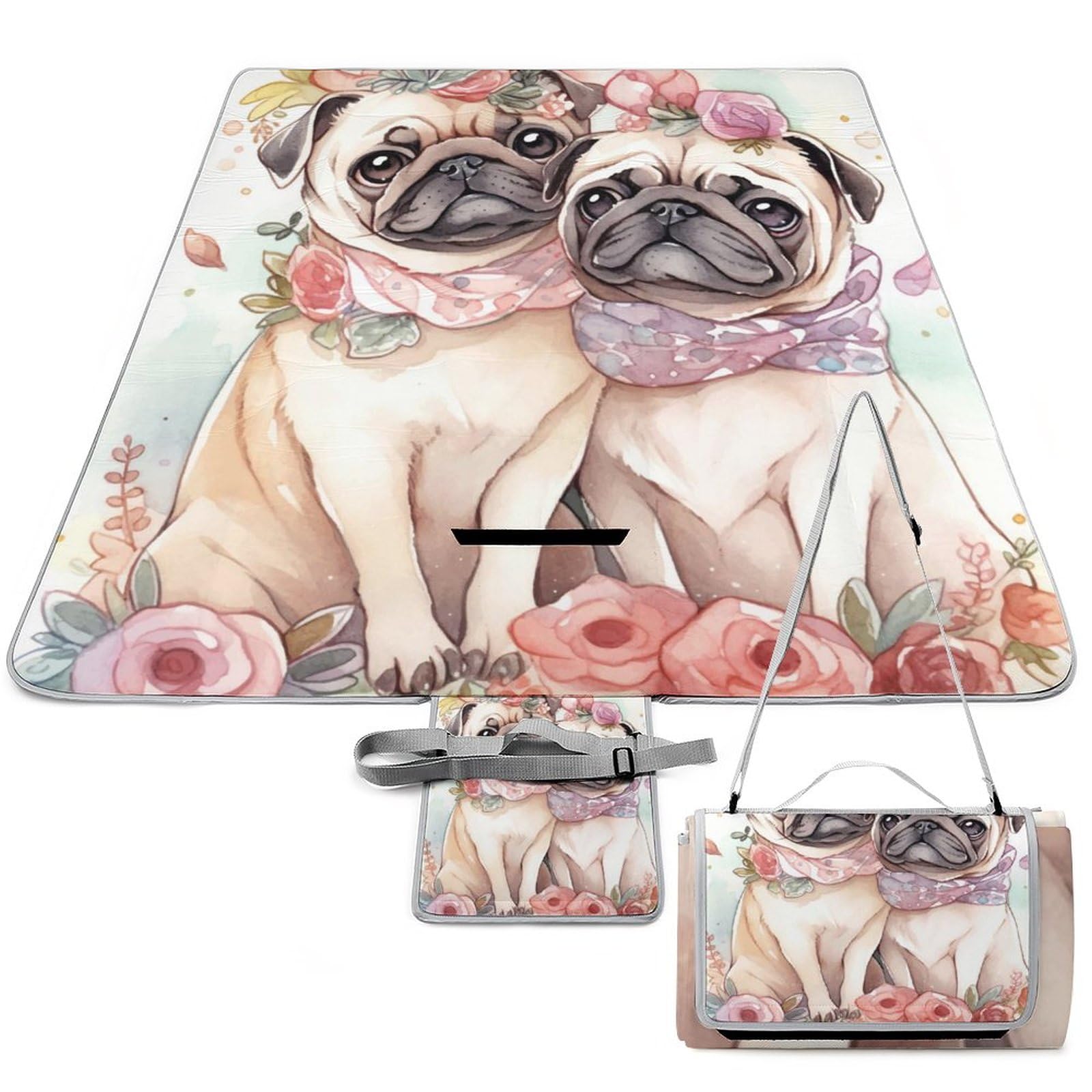 Watercolor-Pugs-with-Flowers Picnic Blanket Waterproof Foldable, Large Outdoor Picnic Blanket Beach Blankets Camping Blanket Travel Mat, Shoulder Strap Tote, Rectangle 58x58in