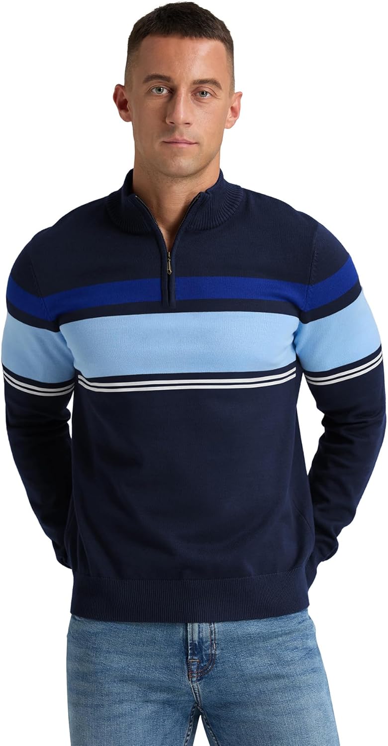 NITAGUT Mens Sweaters 1/4 Zip Up Striped Pullover Slim Fit Fall Winter Spring Long Sleeve Polo Sweaters - Image 4