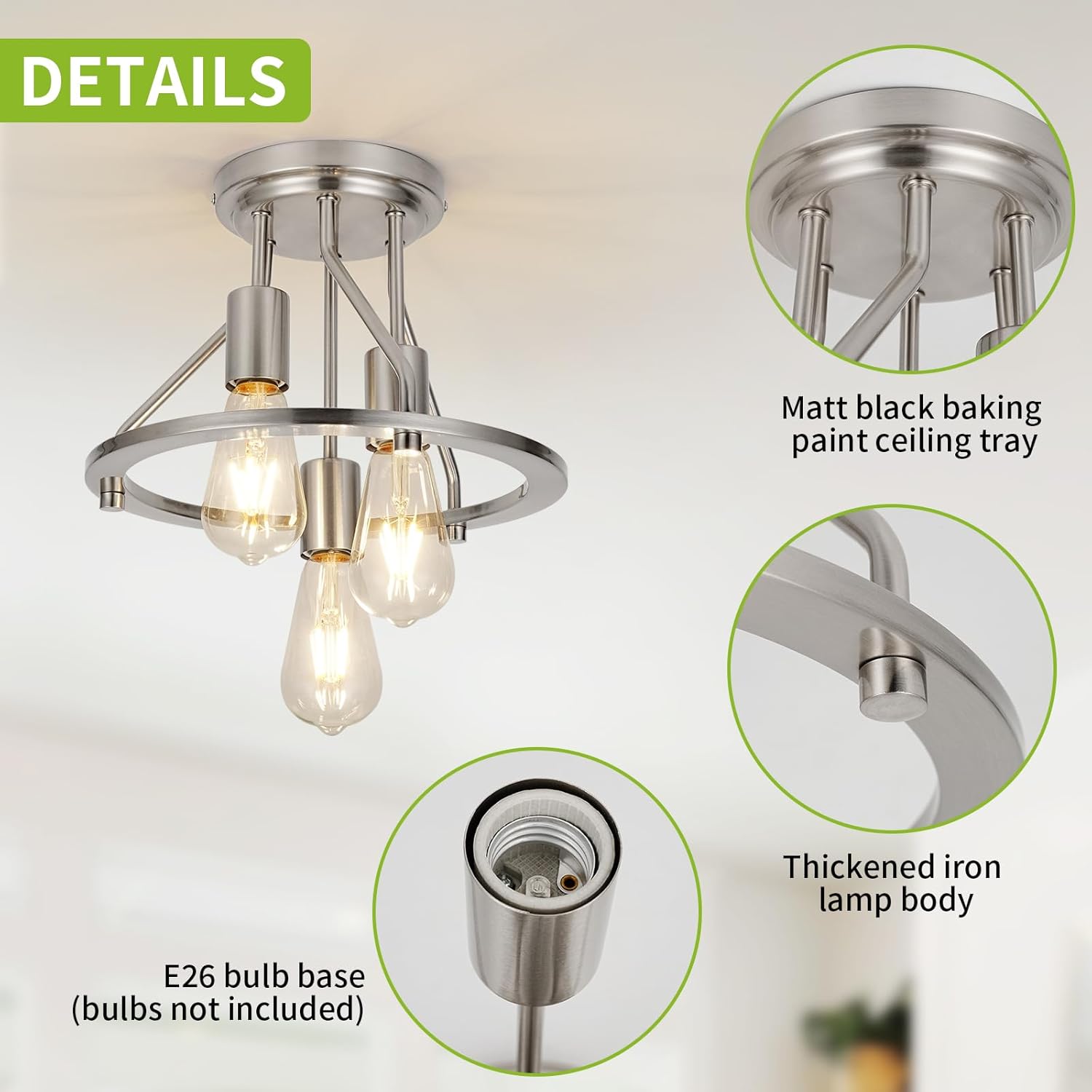 WILON Ceiling Light,Brushed Nickel Semi Flush Mount Light.3-Light Ceiling Light Fixtures Farmhouse Kitchen Light Industrial Hallway Light Fixtures E26 Socket Lamp for Hallway Kitchen Foyer