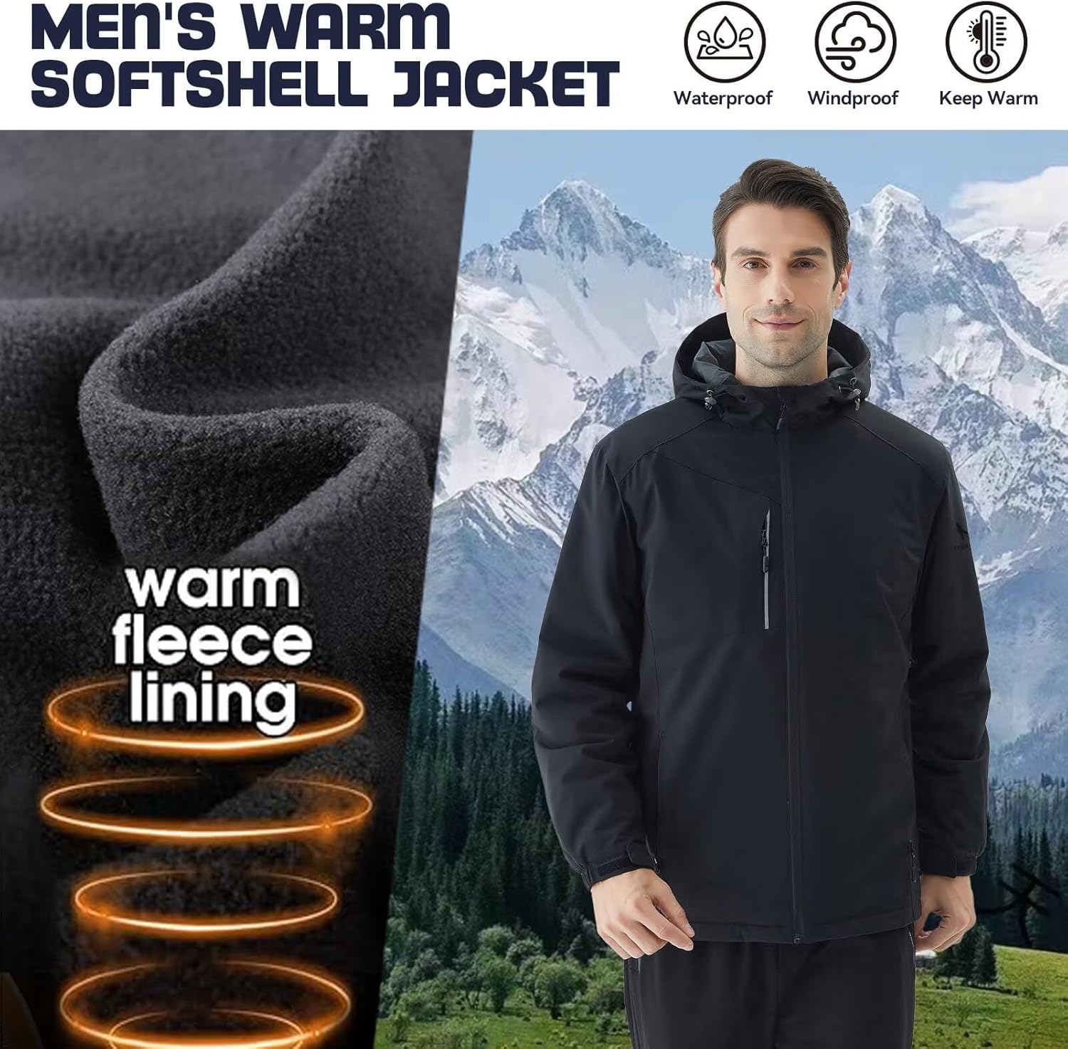 TYSON WOLF Men's Hooded Softshell Jacket Waterproof Zip Up Lightweight Windbreaker Fleece Lined Rain Shell Jacket Casual - Image 4