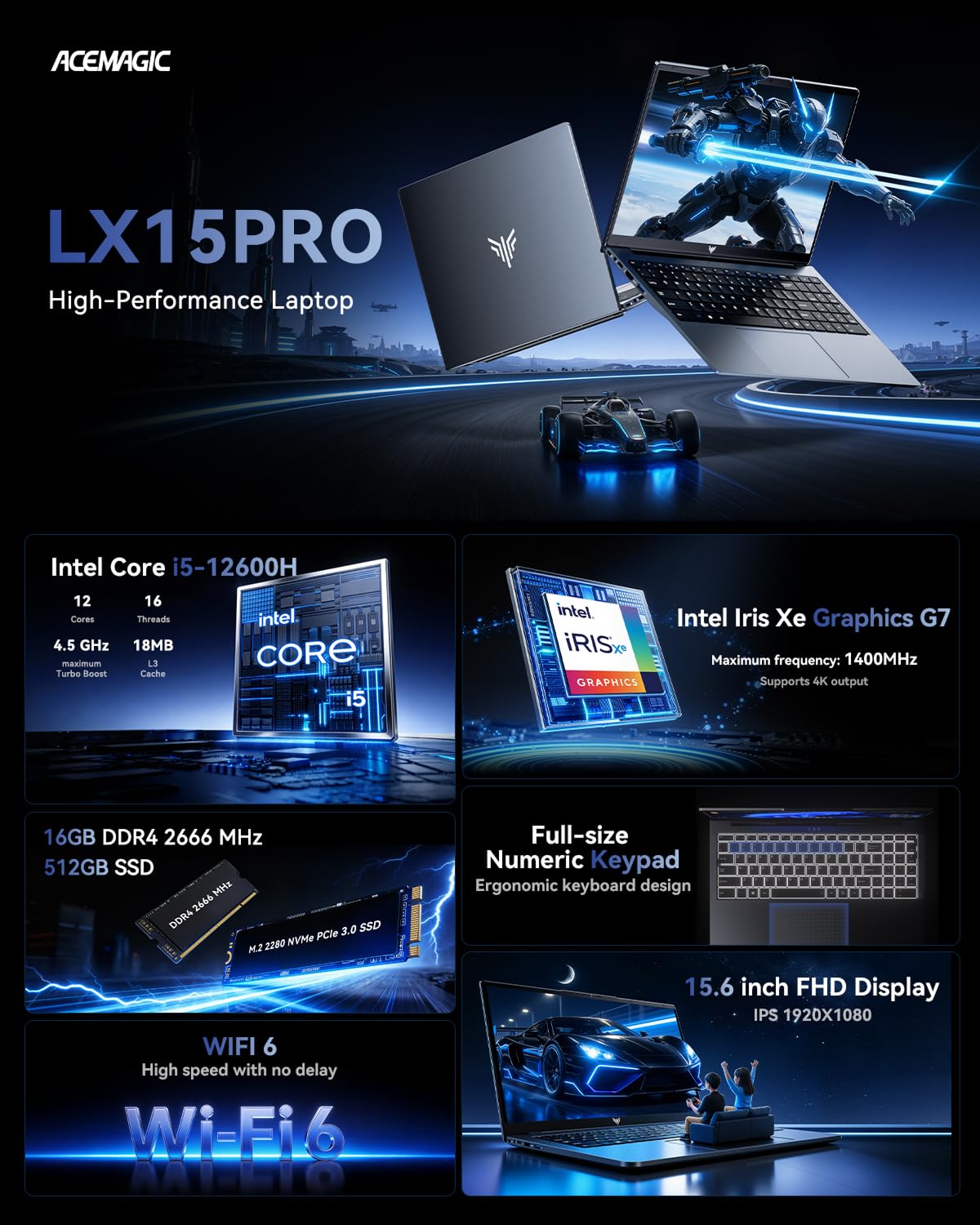 ACEMAGIC Gaming-Laptop – 2026 Neuester 15,6-Zoll-FHD-Display-Laptop mit Core i5-12600H-Prozessor mit bis zu 4,5 GHz, 16 GB RAM DDR4, 512 GB NVMe PCIe 3.0 SSD Gaming-Notebook, leichtgewichtig