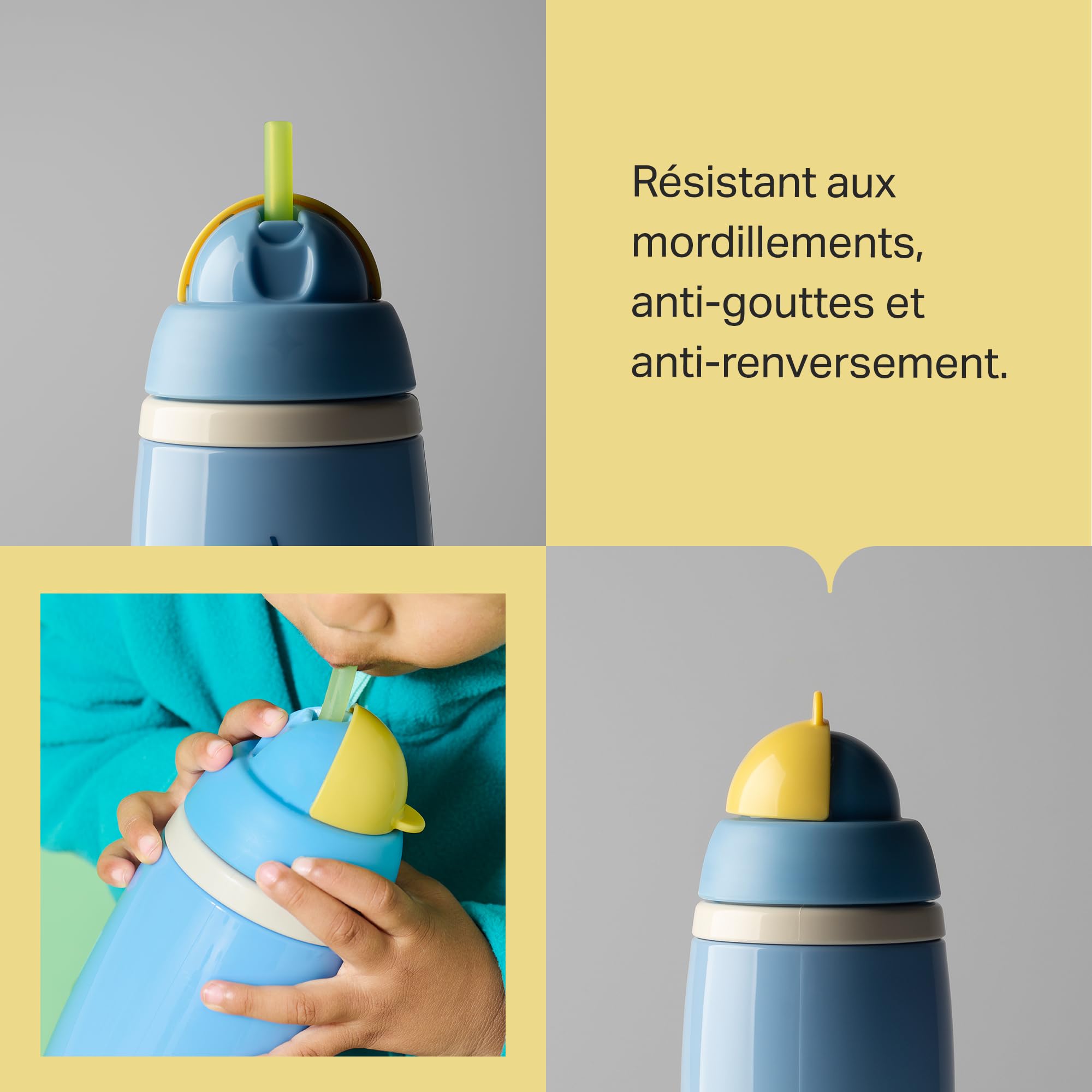 Tommee Tippee tasse Active Straw isotherme, 266 ml, Gourde anti-fuite pour nourrissons à partir de 12 mois, le couvercle articulé permet de garder la paille propre, Bleu et Jaune, lot de 2