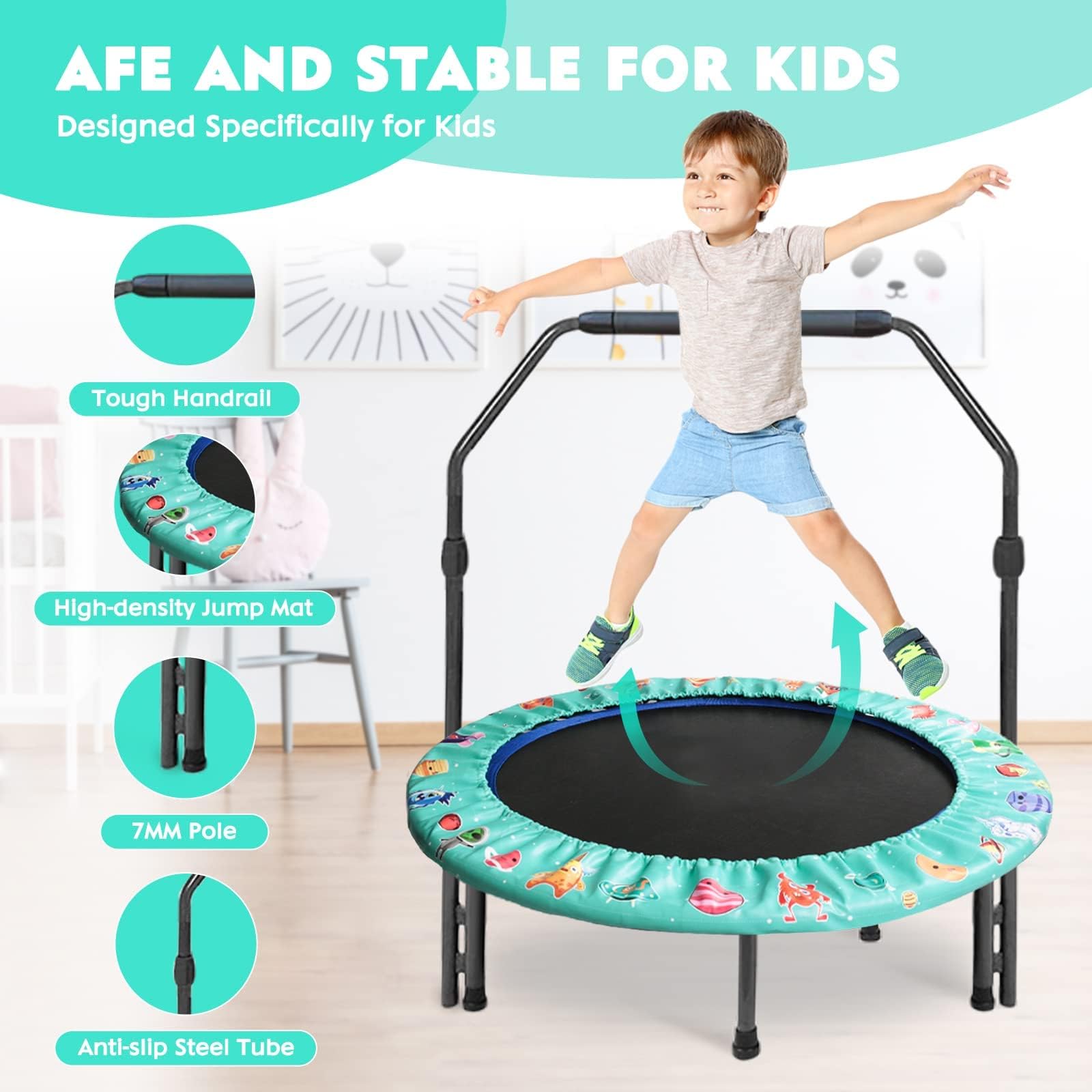 Mini trampolín Ø 92 cm Cama elástica Infantil con Mango Ajustable, trampolín para niños Plegable para Interior o Exterior, Capacidad de Carga 60 kg