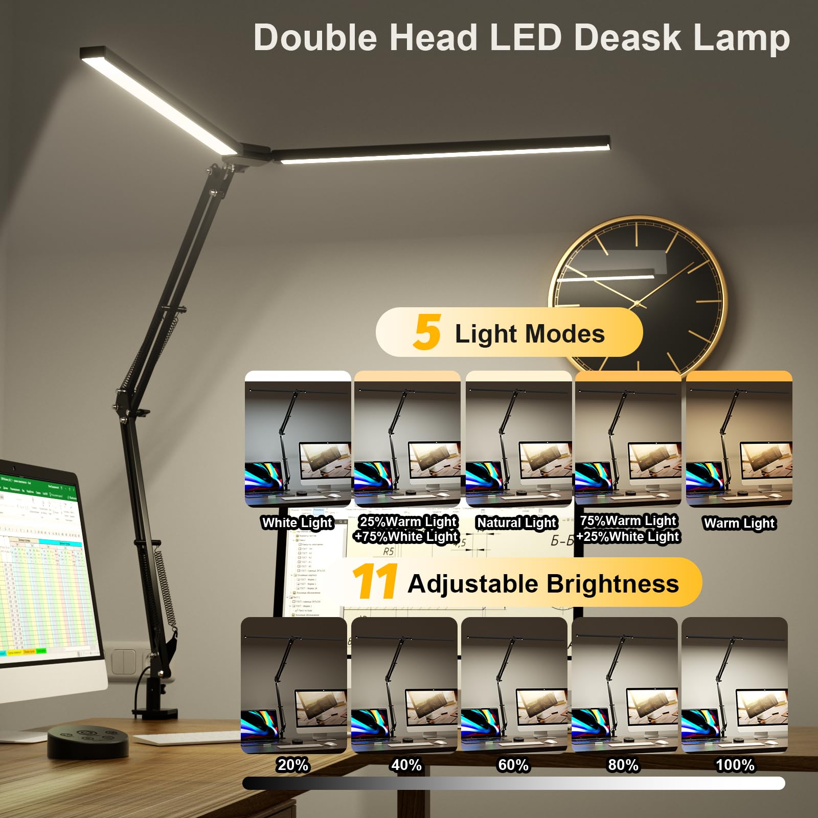 SKYLEO Lámpara LED Escritorio, ​Lámpara de Escritorio de Doble Cabezal con Clip, con Control Remoto, 2400 LM, 5 Modos de Temperatura de Color, Lámpara Escritorio Hogar, 24W, Negro