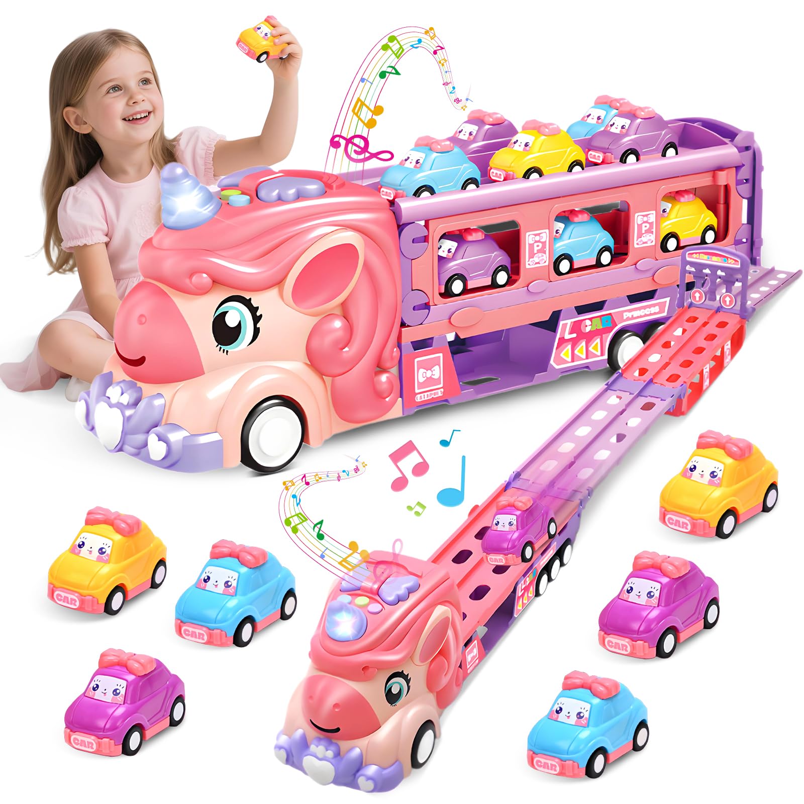 RoserRose Camiones de Juguete para Niños, Unicornio Transportador Coches con 6 Coches de Carreras, Luces y Música, Regalos Niña 2 Años, Juguetes para Niñas de 1 2 3 4 5 6 Años