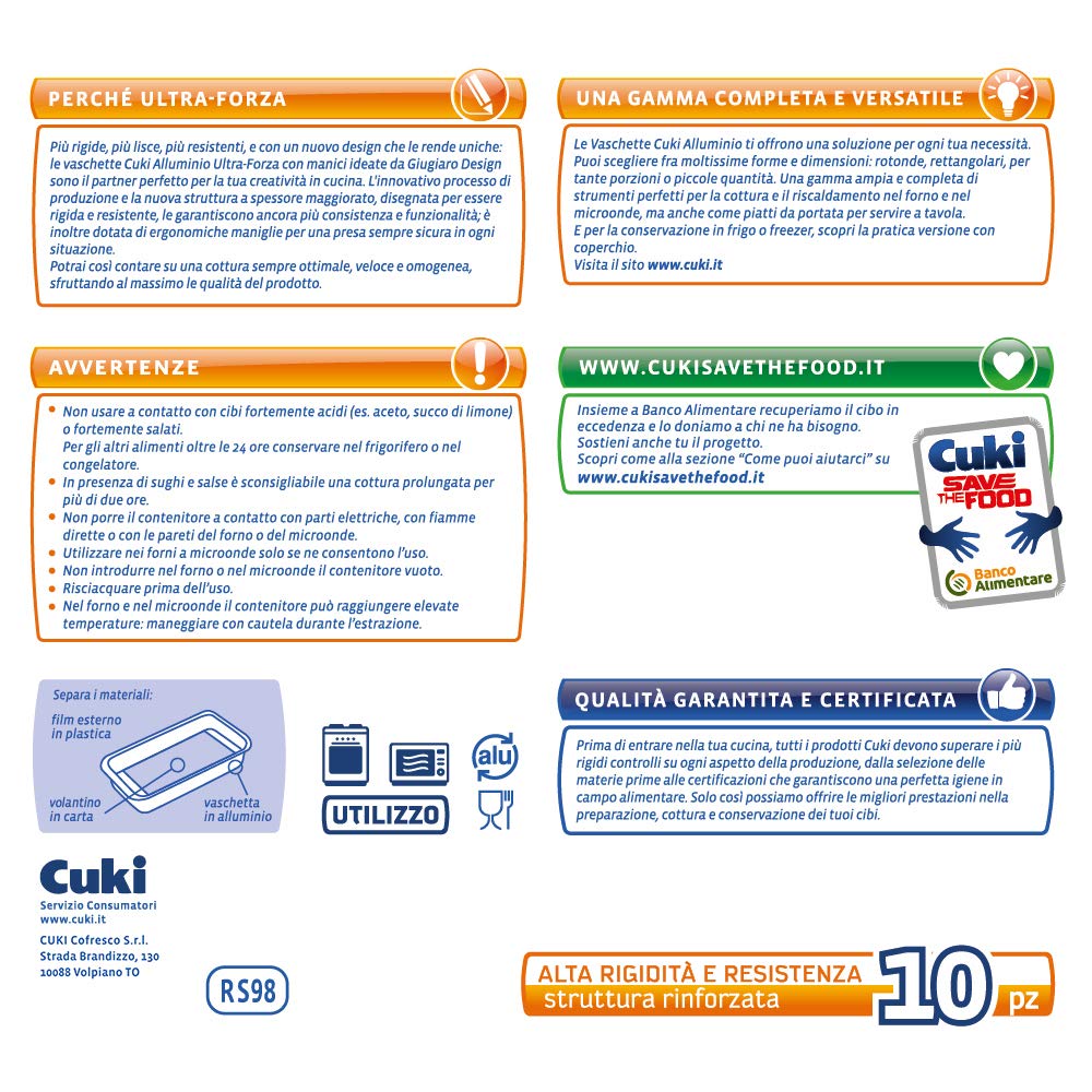 Cuki Vaschette Alluminio - Ultra Forza - Con Manici - 8 Porzioni - Rettangolari [Rs98G] - Formato Convenienza - 1 Confezione da 10 Pezzi