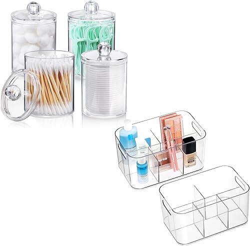 Miniatura 1 de AOZITA Paquete de 4 dispensadores de soporte Qtip + 2 unidades, contenedores de plástico transparente de 5 compartimentos, organizador de maquillaje
