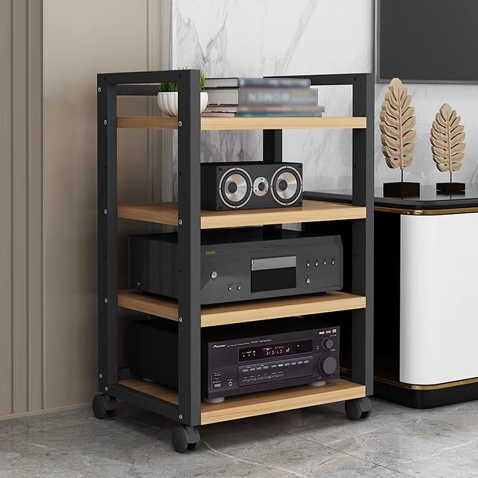 Meuble Audio Bambou Sur Roulettes - Étagères Réglables - Pour Ampli, Vinyle...