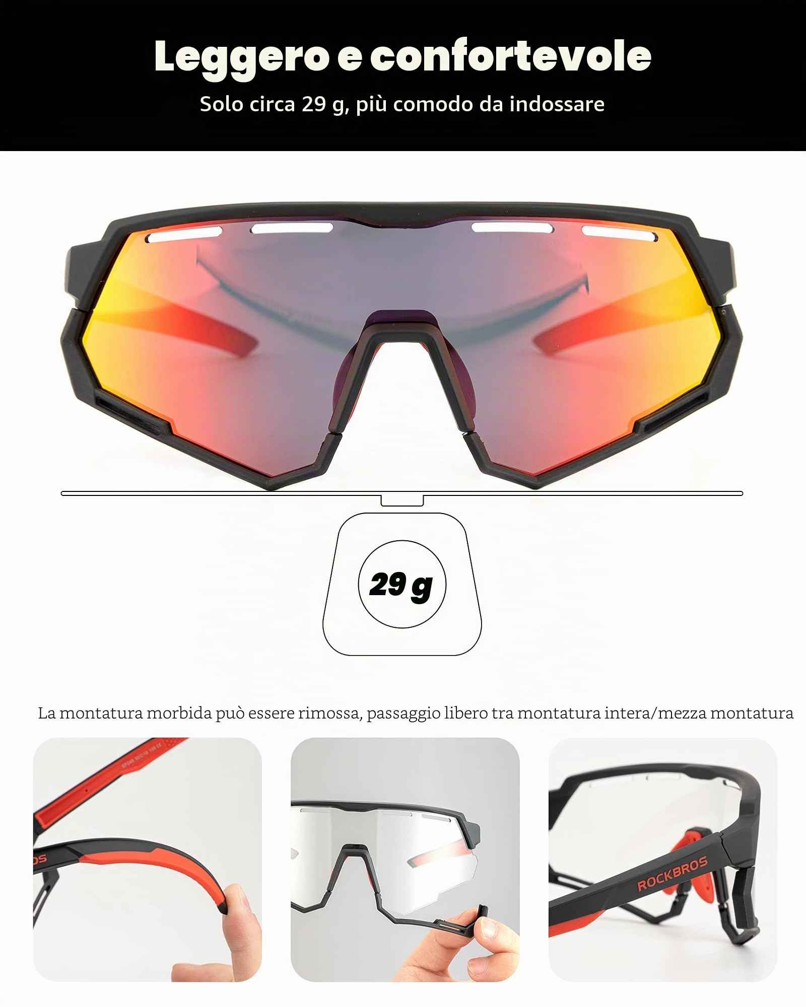 ROCKBROS Occhiali da Sole Ciclismo, Occhiali Sportivi Multifunzionali, Lenti Intercmbiabili Polarizzate & Fotocromatiche, Uomo Donna, Adatto per Bici, MTB, Corsa, Pesca