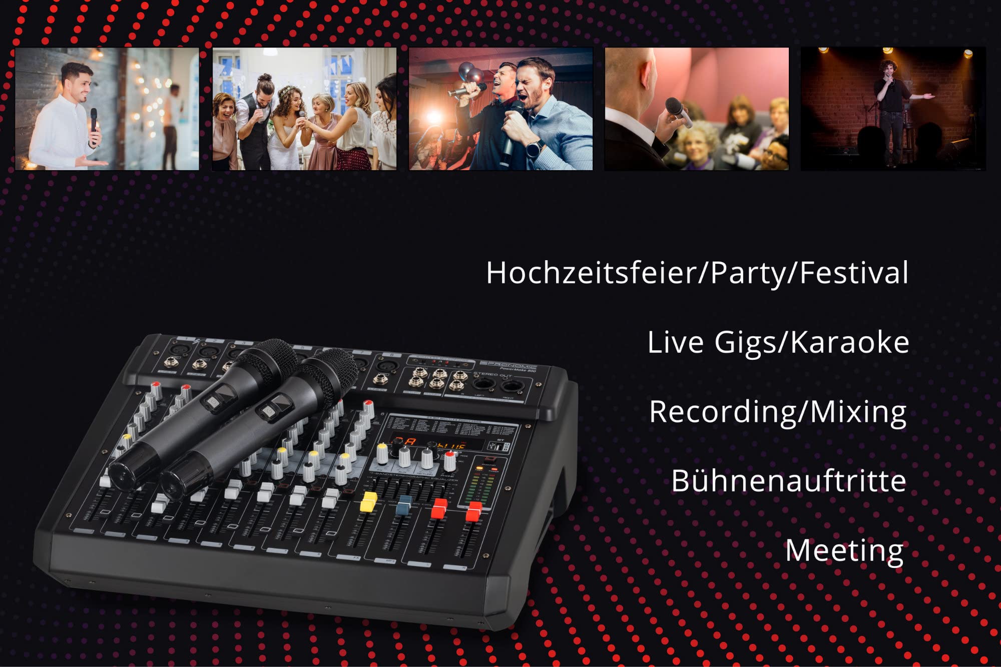 Pronomic Powermake 800 Powermischer - 8-Kanal-Mischpult - 2 UHF-Funkmikrofone - 760 Watt RMS-Leistung - 24Bit Multi-Effekt-Prozessor - Bluetooth®/USB-Player/Recorder - Grafischer Equalizer - Schwarz