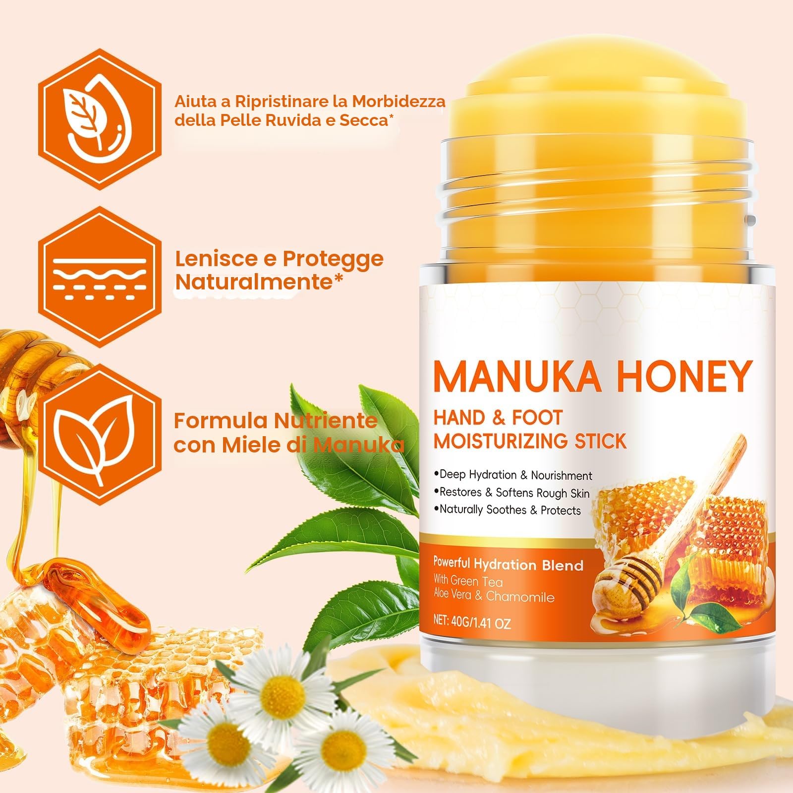 Stick Crema per Talloni e Gomiti al Miele di Manuka, Trattamento Idratante ed Esfoliante per Talloni Secchi e Screpolati e Pelle Ruvida, Ammorbidente per Calli, Levigante per la Pelle, 40g