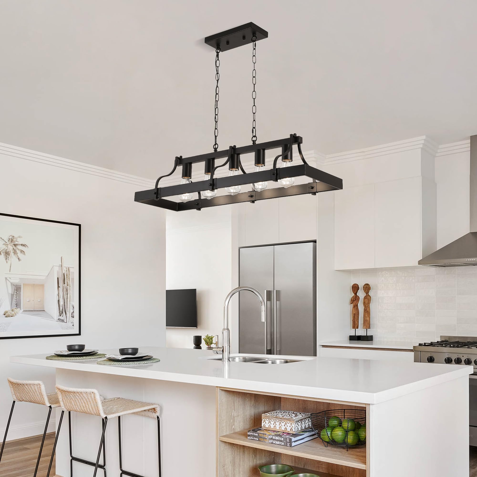 Lampadario A Sospensione A 5 Luci, Imitazione Legno, Lampadario Rustico Lineare, Attacco E27 Per Isola Cucina, Sala Da Pranzo, Ristorante, Lampada A Sospensione, Nero