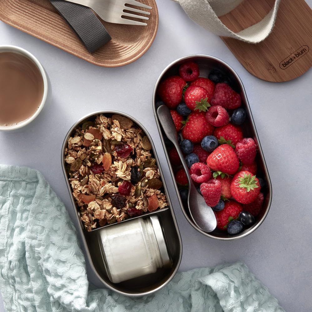 BLACK + BLUM Stainless Steel Bento Box | Plastic Free, Leak-Proof, 2-Compartment Lunch Box with Travel Fork and Bamboo Chopping Board Lid for Packing Healthy and Delicious Food | 34 oz / 1000 ml