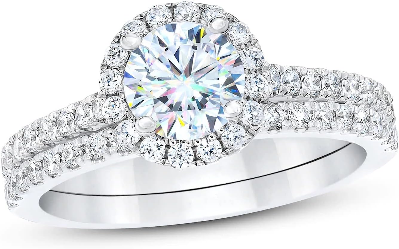 Molioaki 1-3/8 Carat Halo Bridal Set Moissanite Engagement Rings for Women Platinum Plated Silver Round Moissanite Rings