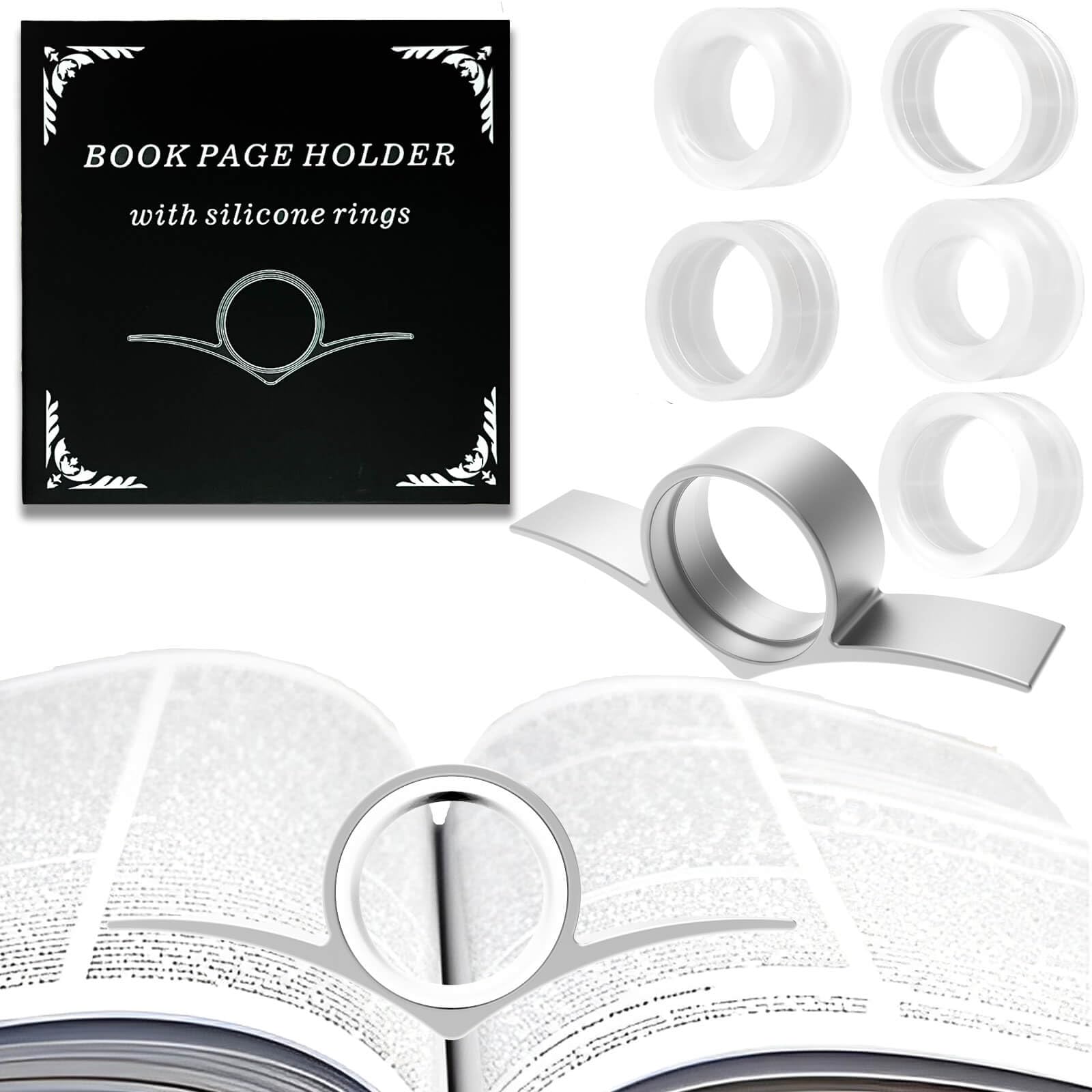 Thumb Book Page Holder Christmas Gifts for Book Lovers, Ultralight Metal Book Reading Holders Accessories with 5 Assorted Size Silicone Rings for Keep