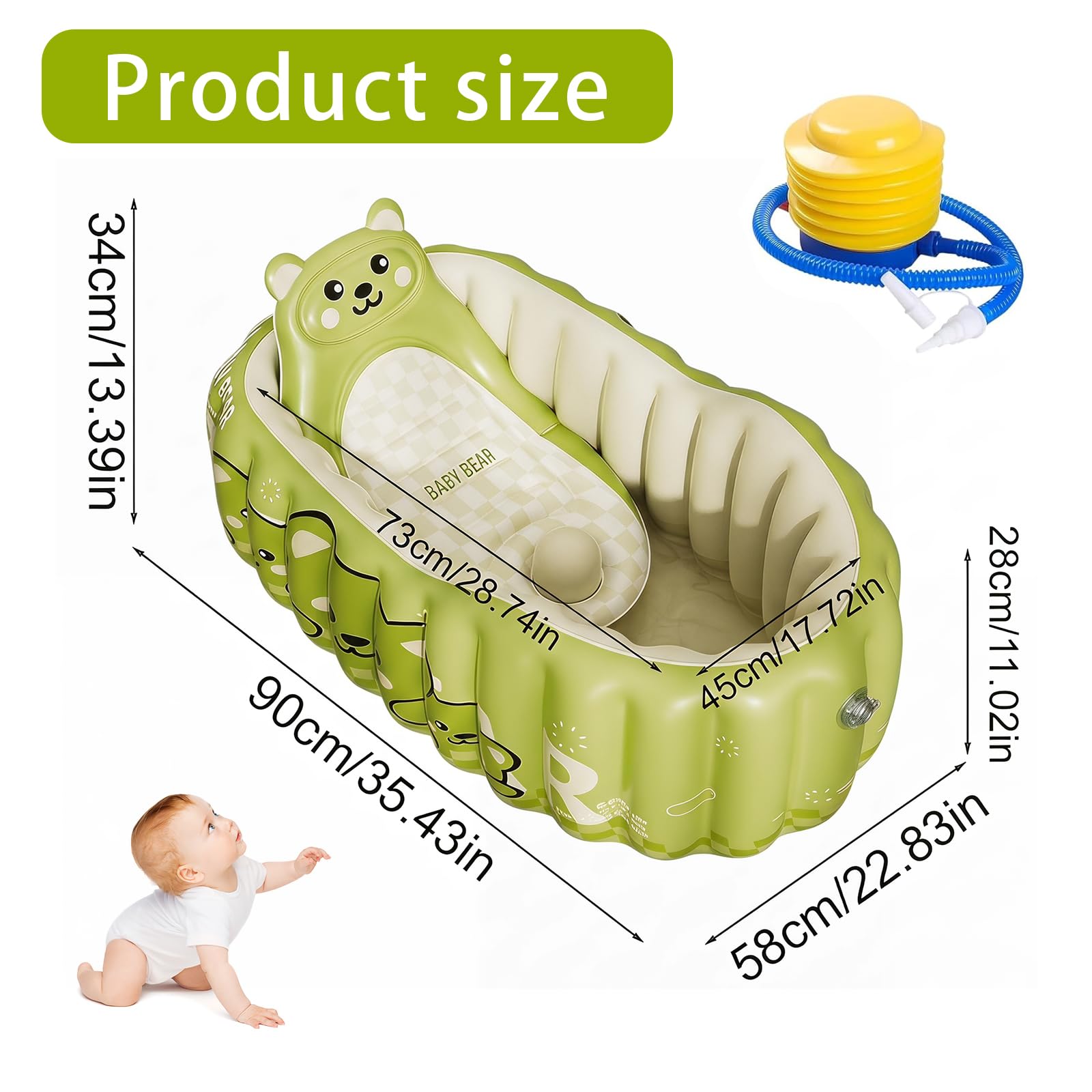 Bañera hinchable para bebés con respaldo y bomba de aire, bañera antideslizante para niños pequeños para viajes y hogar, bandeja de ducha portátil con asiento para 0-18 meses (verde)