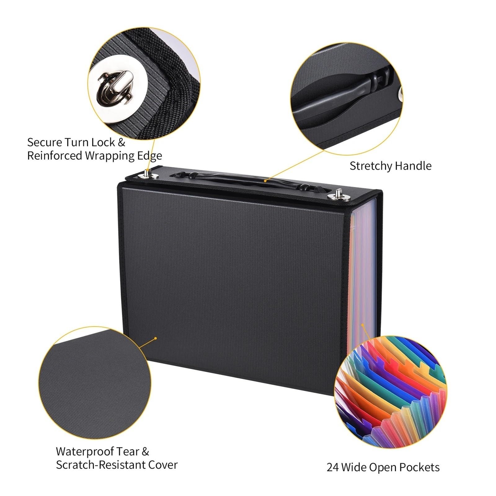 Organisateur de dossiers en accordéon 24 poches, étui extensible A4(Black)