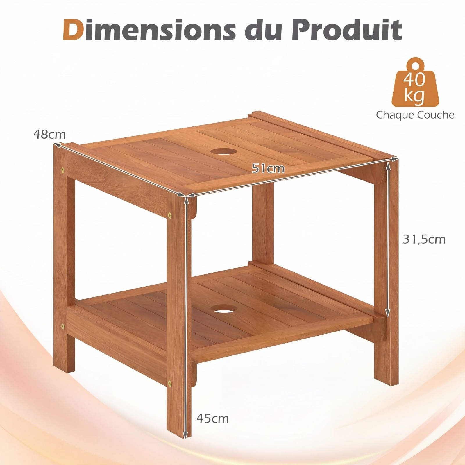 COSTWAY Table Basse Exterieur à 2 Niveaux en Bois avec Trou pour Parasol
