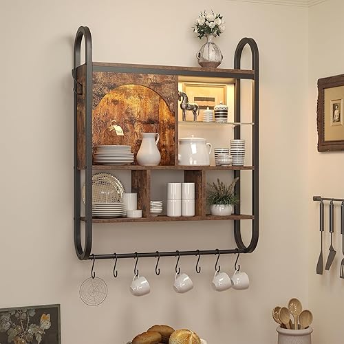 Miniatura 8 de Spacesea Estantes flotantes para juegos de 34 pulgadas con luces LED, estantes de cocina de 4 niveles montados en la pared con 8 ganchos, estante de