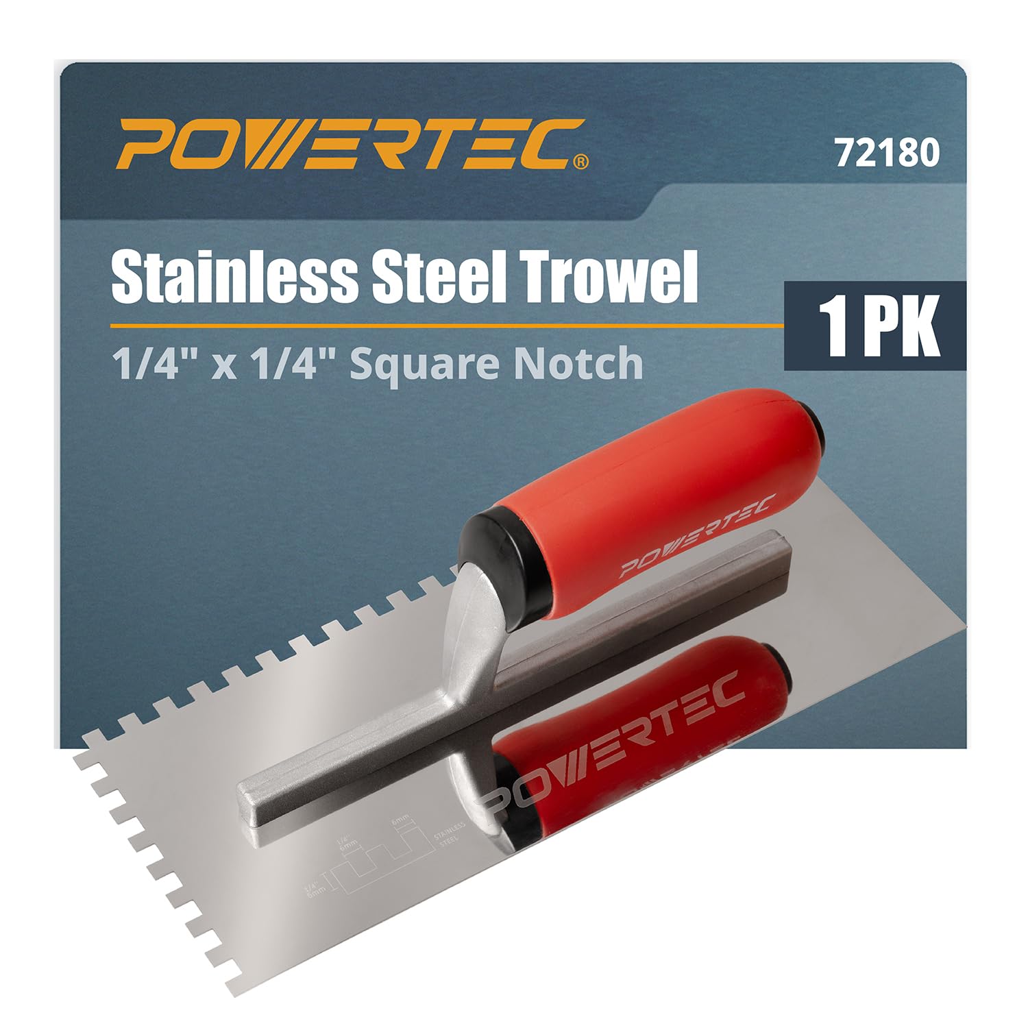 POWERTEC Square Notch Trowel - 1/4" x 1/4" Stainless Steel Square-Notch Tile Trowel with Soft Grip Handle for Thinset Mortar, Mastic &amp; Tile Installation Work (72180)
