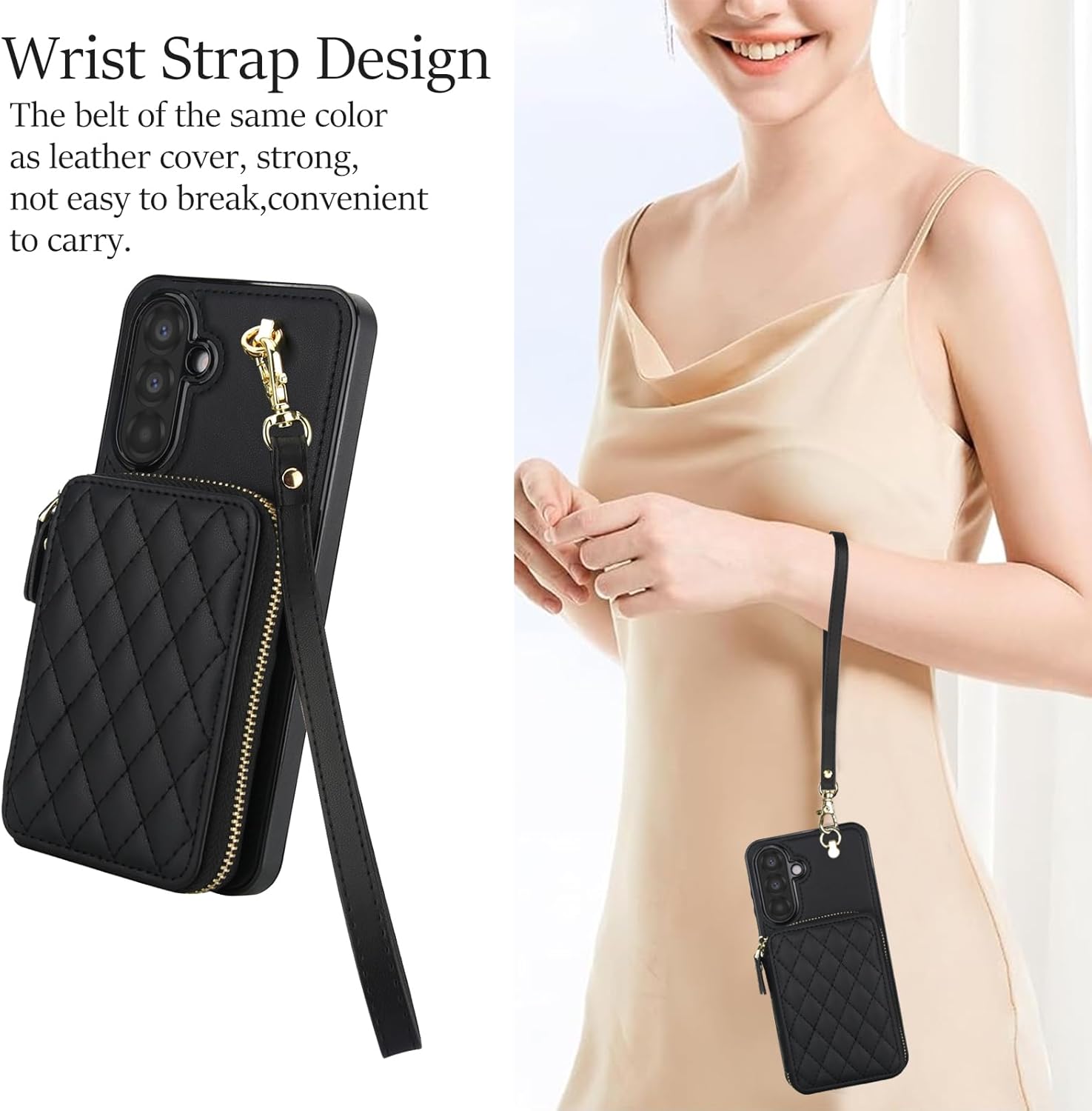 Phone Case for Samsung Galaxy A56 5G Wallet Cell Cover with Tempered Glass Screen Protector Wrist Crossbody Strap Lanyard Stand RFID Blocking Credit Card Holder Slot A 56 56A LTE Women Men Girls Black