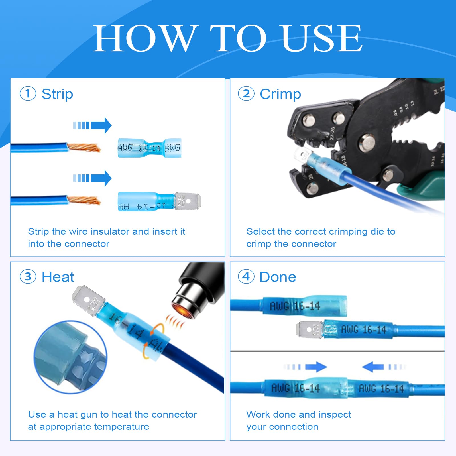 Kit de 320 conectores de pala termorretráctiles, terminales de pala macho y hembra, conectores de cable impermeables aislados, conectores eléctricos de grado marino con caja