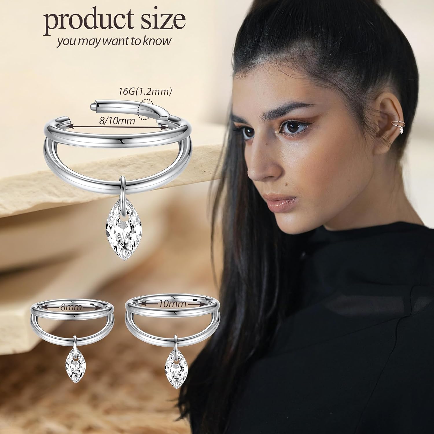 PEAKLINK 16G Double Nose Hoop Ring Conch Hoop Earring Conch Piercings Surgical Steel Helix Cartilage Earring with CZ Seamless Higned Segment Ring Septum Daith Tragus Rook Belly Jewelry for Women Men