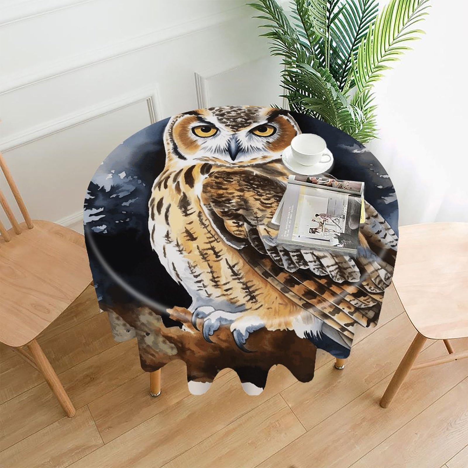 Owl2 Tablecloth Exquisite Wrinkle-Free Straight-Edge Round Table Cloth Anti-Fading Premium Polyester Tablecloth Waterproof Folding Table Cloths for Tables Decor
