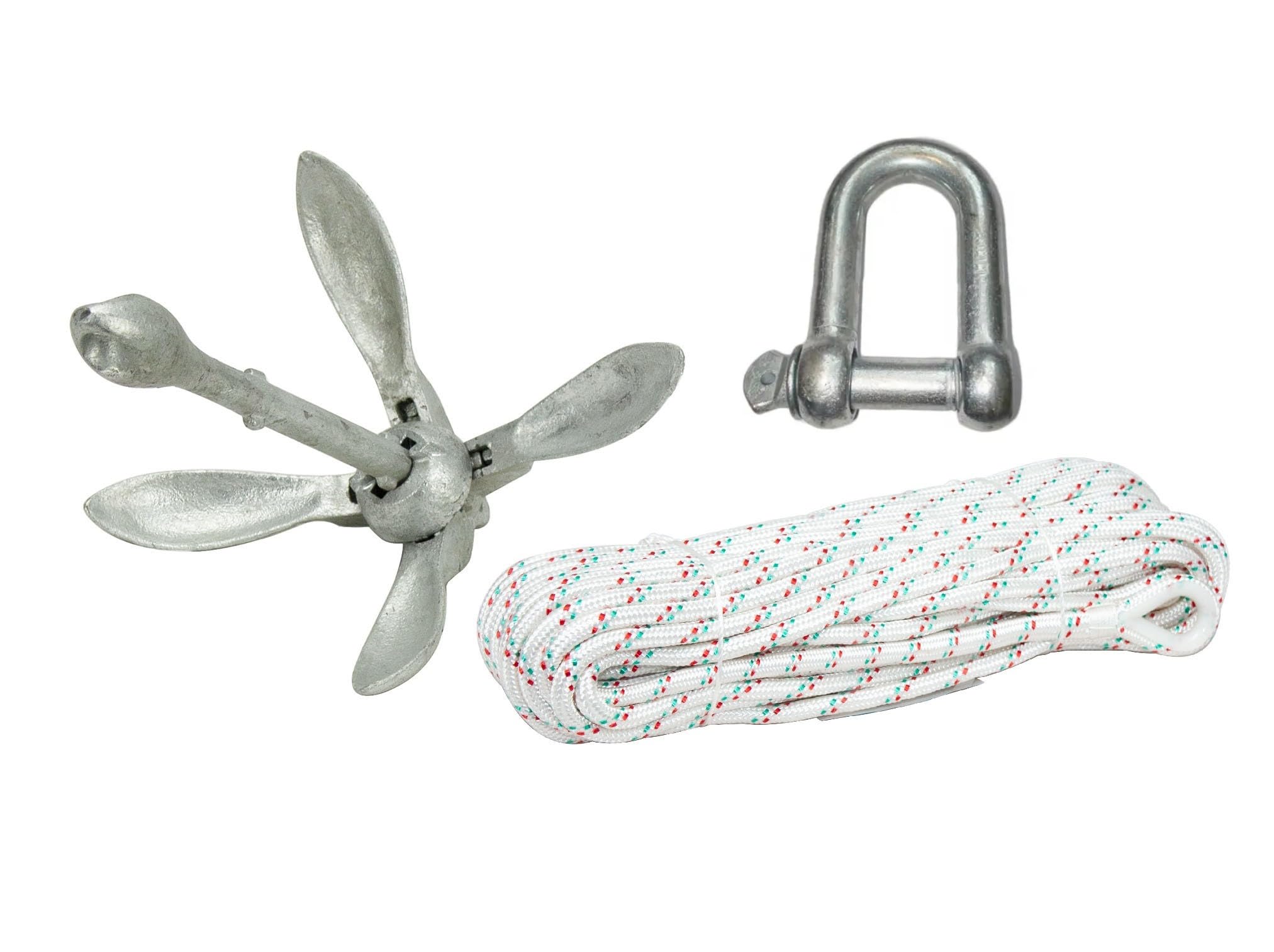 Faltklapp-Anker Set mit Schäkel und Seil, Stahl verzinkt, Klappanker, Bootsanker, Anker für Boot