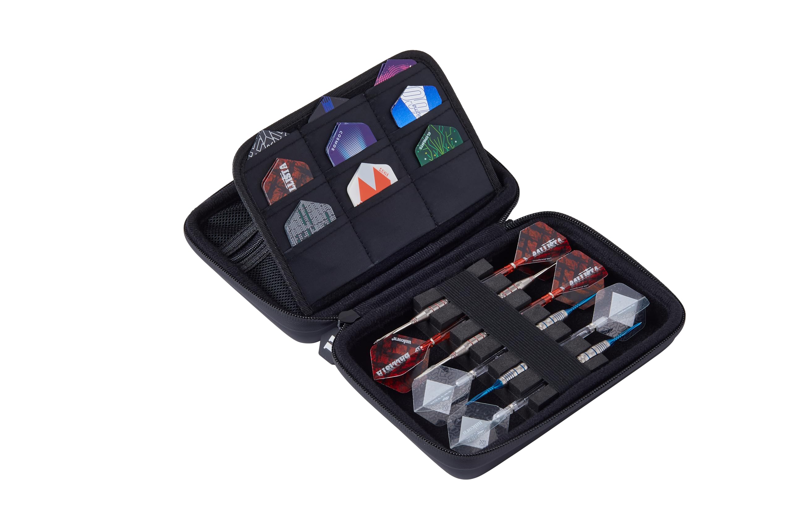 Etui Unicorn Ultra Darts | Elegancki czarny design z wytłoczonym logo U, dodatkowe miejsce na części zamienne i akcesoria, pianka wewnętrzna mieści i chroni 1, 2 lub 3 zestawy w pełni załadowanych