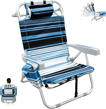 Backpack Beach Chairs for Adults, Folding Lightweight Beach Chair with Cup Holder and Padded Headrest, 5 Positions Aluminum Reclining Heavy Duty Chair for Outdoor Camping Patio,Support to 300LBS