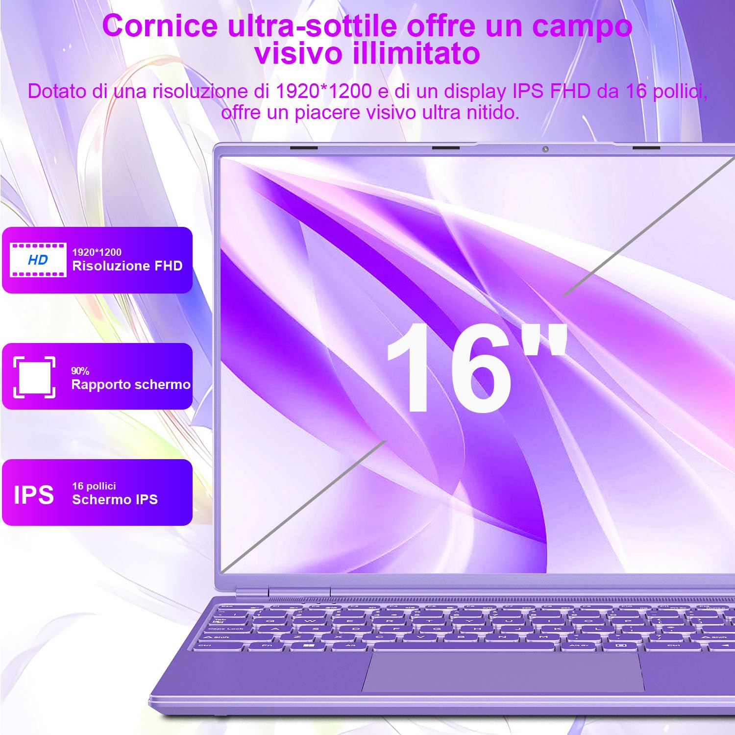 PC Portatile Computer Portatile Laptop Win11 12GB 512GB 1TB SSD Espansione, Notebook 16 Pollici Celeron N5095 (fino a 2.9Ghz) 丨Ventola di Raffreddamento丨5G WIFI丨1920 * 1200 2K Schermo Doppio- Viola