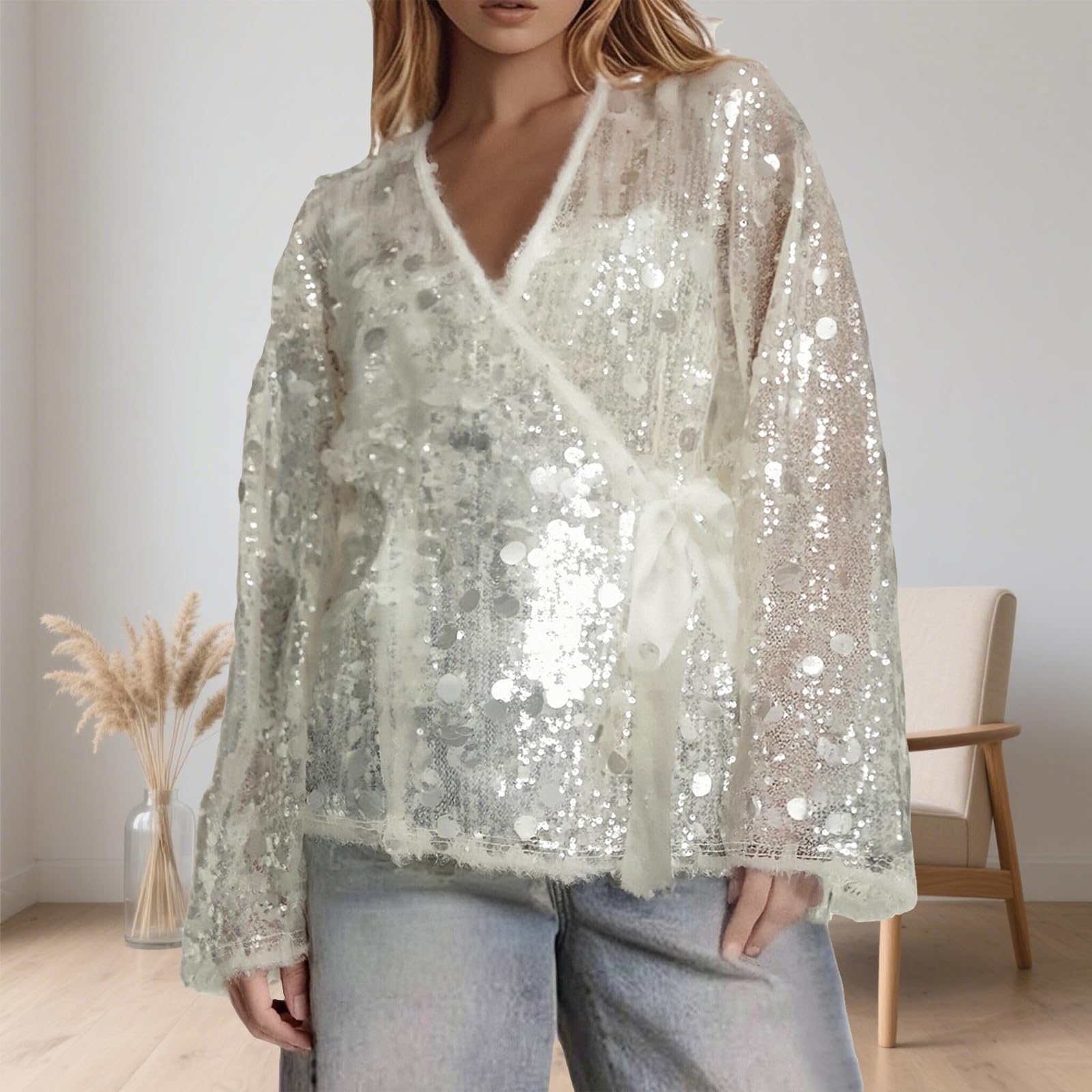 Jacke Damen üBergangsjacke - Lässige Kimono-Jacke mit funkelnden Pailletten für Elegante Straßenmode täglichen Komfort