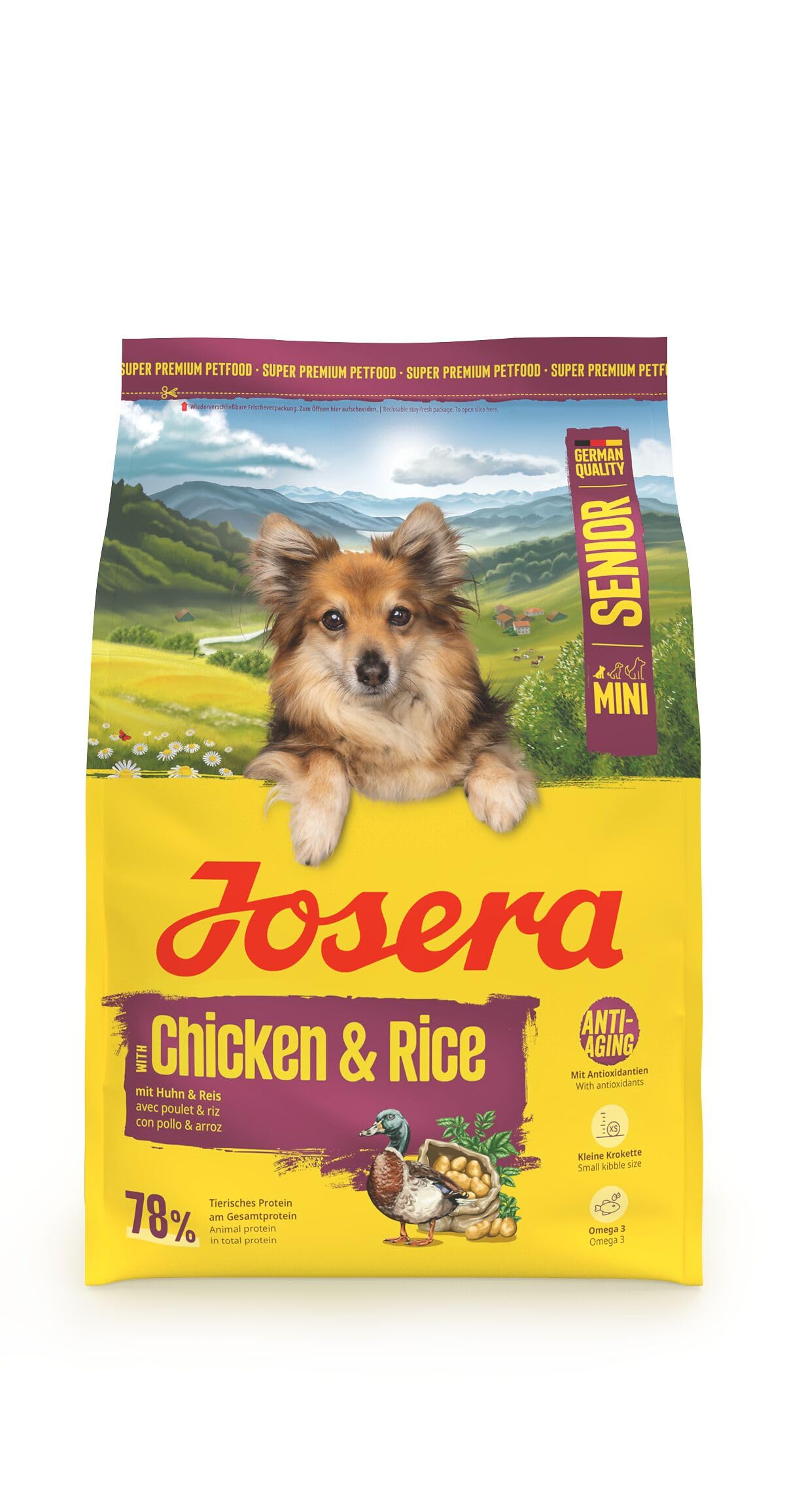 JOSERA Mini Senior Huhn & Reis (1 x 3 kg) | Premium Trockenfutter für ausgewachsene ältere Hunde Kleiner Rassen | Anti-Aging & Nierenentlastung | Extrakleine Kroketten | glutenfrei | 1er Pack