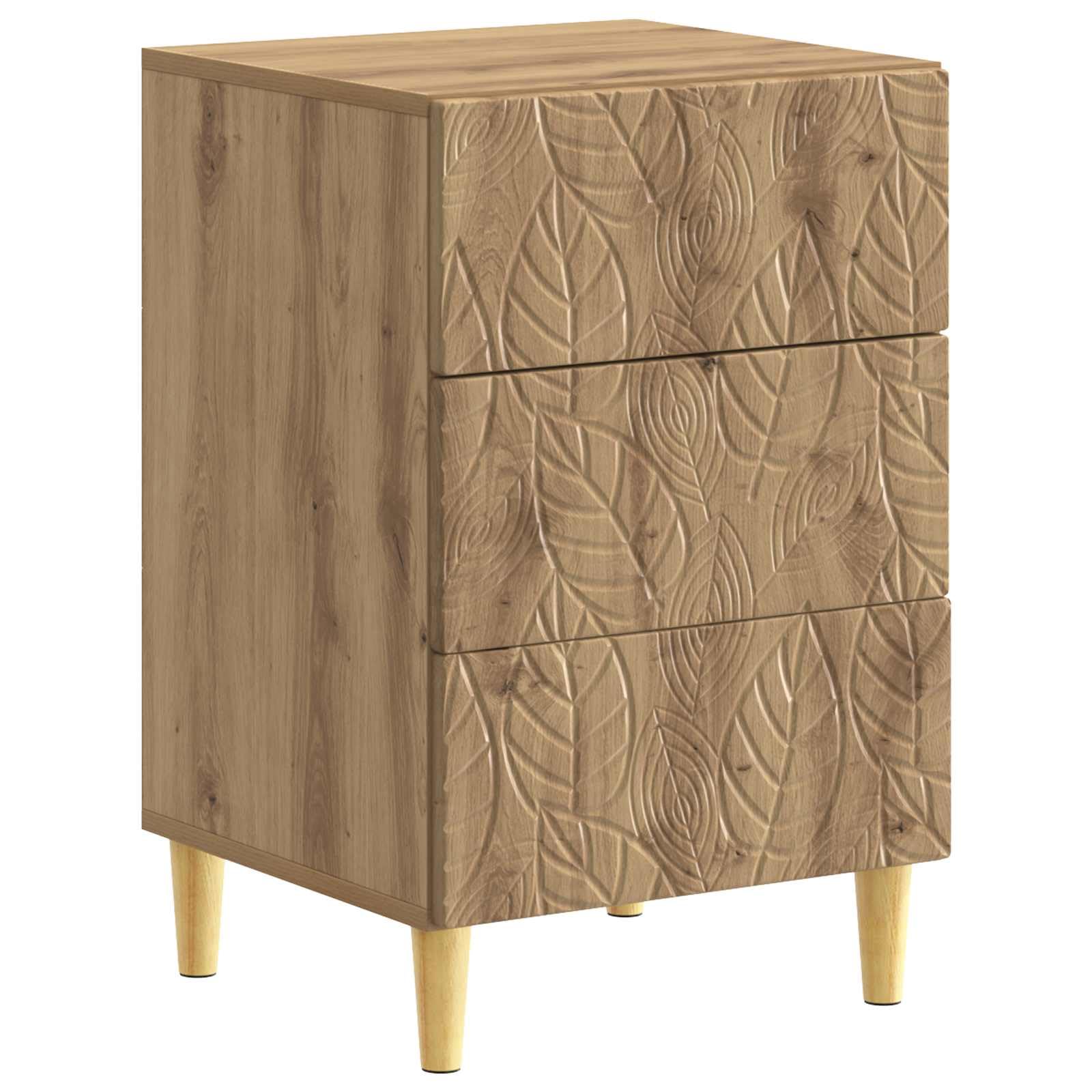 Table de chevet chêne artisanal à 3 tiroirs pour rangement de chambre 43cm