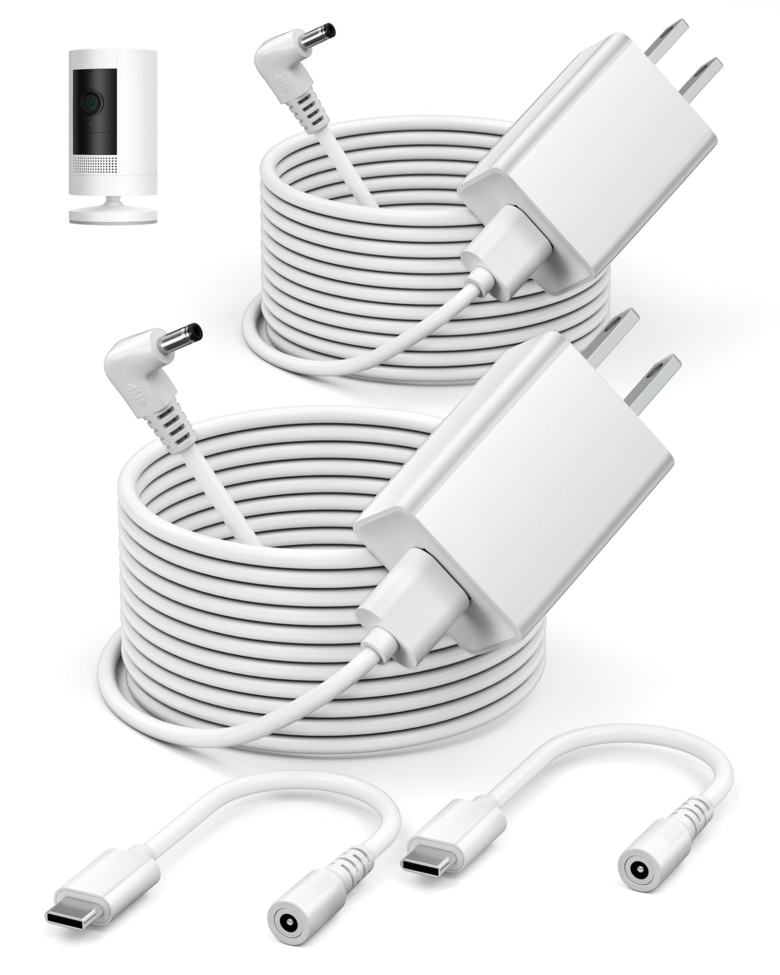WUKUR 2 Pack Power Adapter Compatible with Ring Stick Up Cam Battery/Plug-in 3rd Gen/2nd Gen & Ring Pan Tilt Stick Up Camera, Indoor/Outdoor Charger Weatherproof Power Cord, 4M/13.1Ft Long