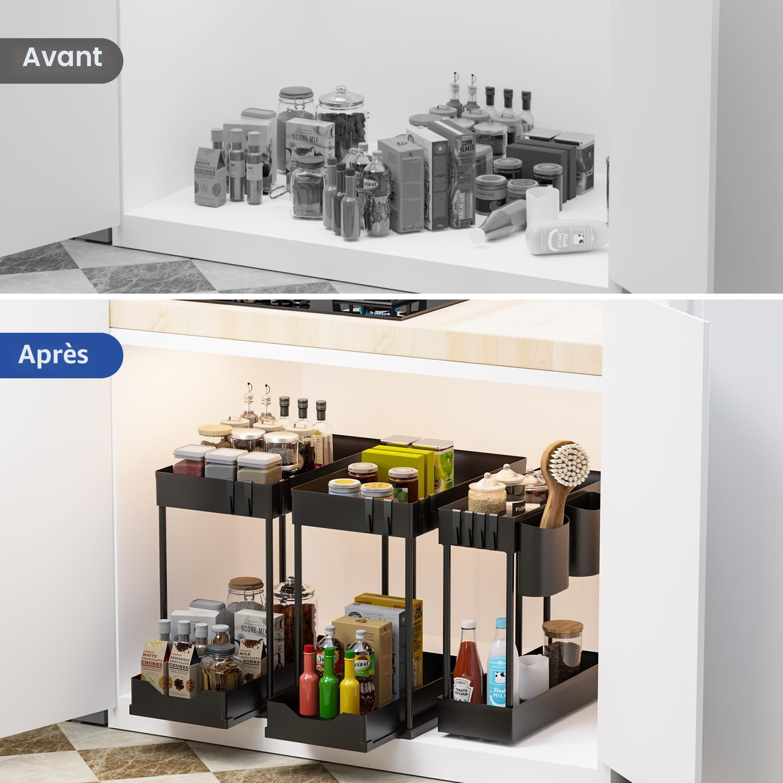 Cinnani Rangement sous Evier Cuisine à 2 Niveaux Lot de 3,Étagère sous Évier Rack avec 12crochet et 3gobelet Suspendu,Coulissant Organiseur sous Évier Etagere Tiroir,Noir