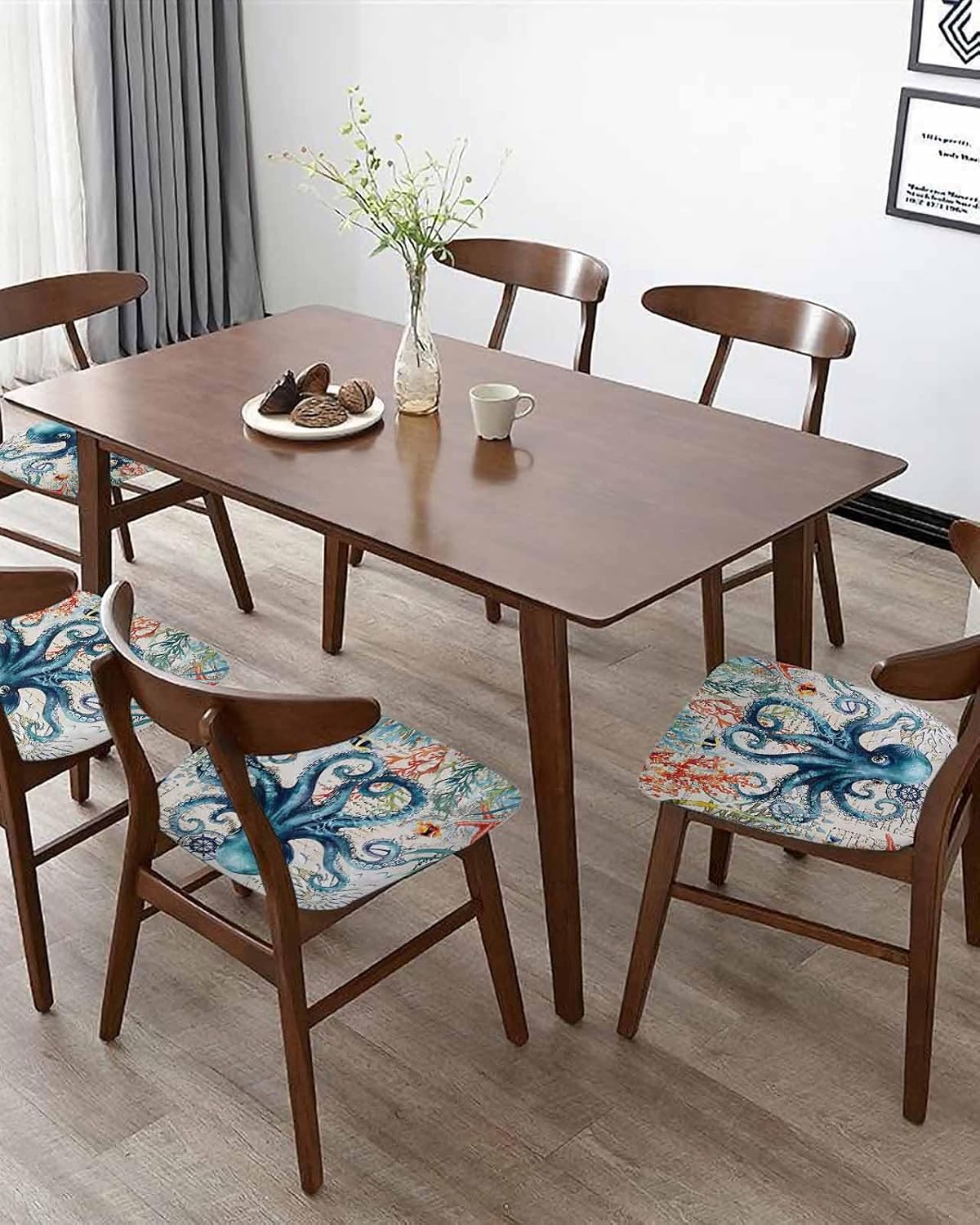 Savannan Dining Room Chair Seat Covers Set of 6 Blue Octopus Coral Removable Stretch Chair Seat Cushion Slipcovers Protector for Holiday Party Festival Decoration, Summer Ocean Fish Khaki